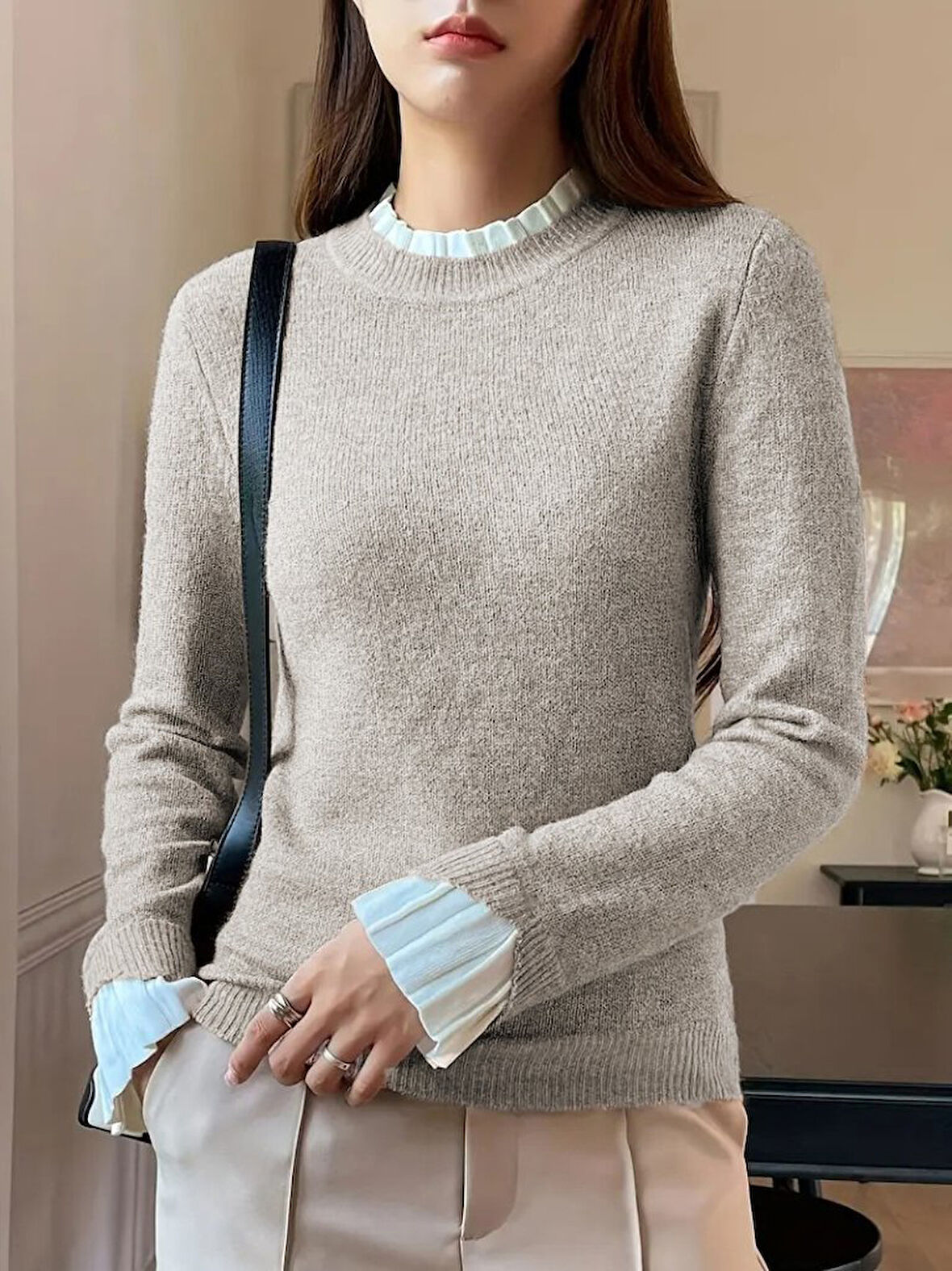 Reka Moda Kadın Uzun Kollu Fırfırlı Yakalı Triko Krem Bluz