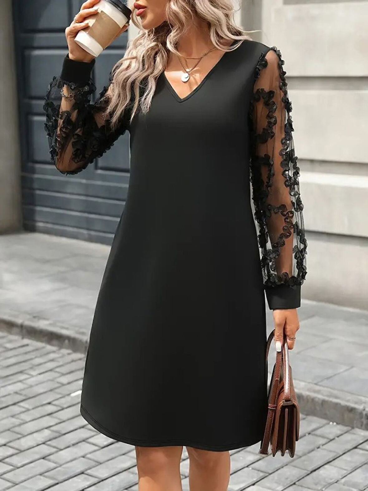 Reka Moda Kadın Uzun Kollu V Yakalı Tüllü Kısa Ithal Krep Mini Elbise