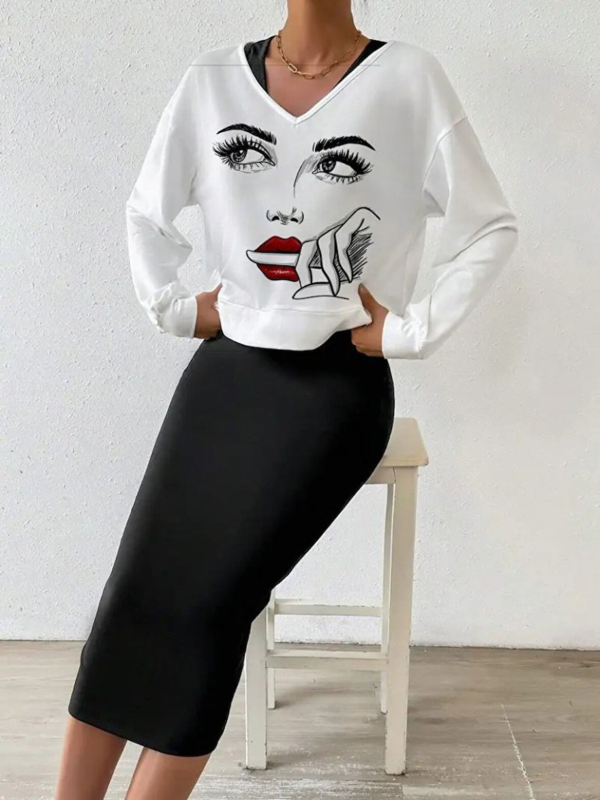 Reka Moda Kadın Askılı Yuvarlak Yaka Viskon Iki Iplik Elbise Ve V Yakalı Bluz Ikili Takım