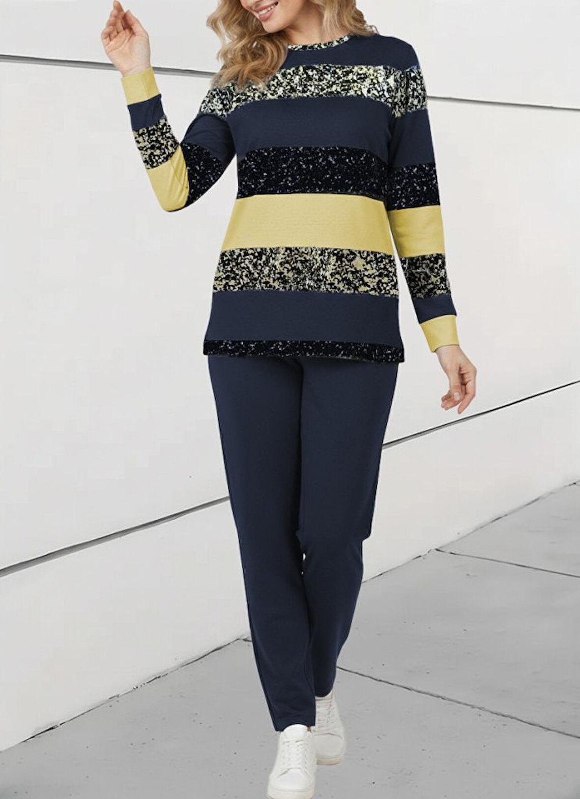 Reka Moda Kadın Uzun Kollu Bisiklet Yaka çizgili Desen Iki Iplik Bluz Ve Pantolon Ikili Takım