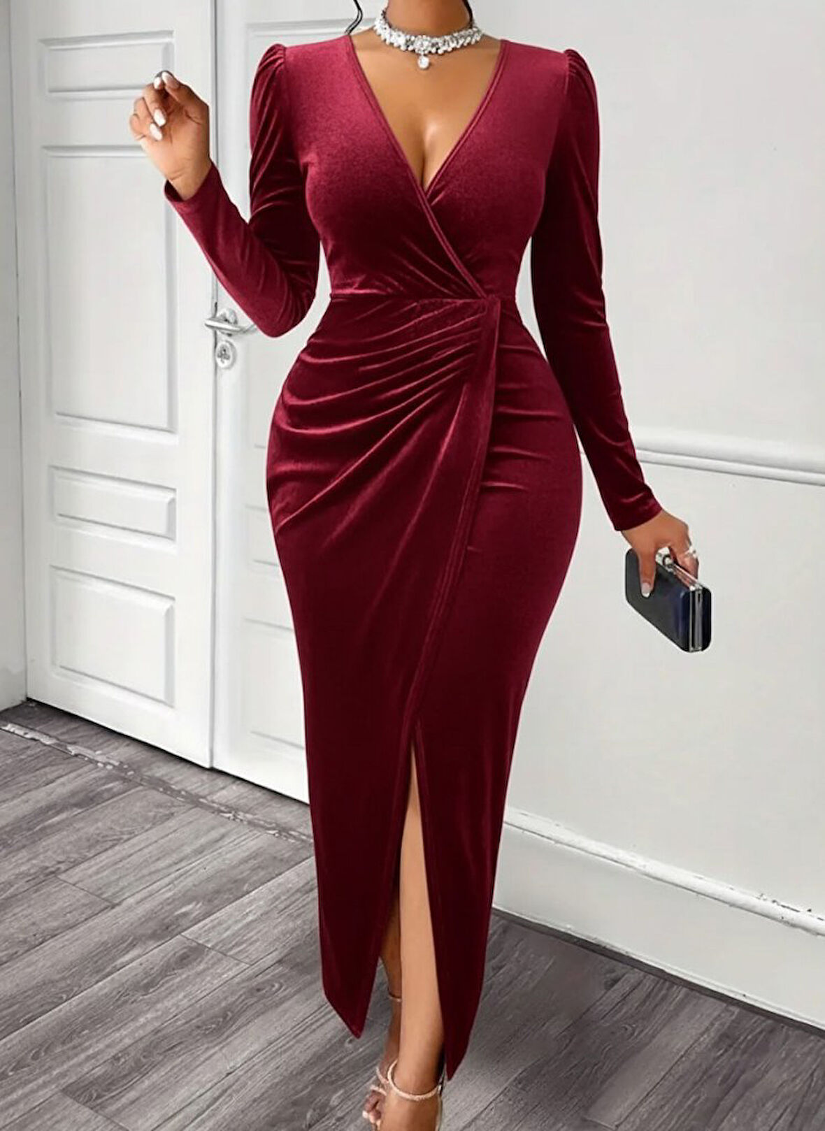 Reka Moda Kadın Uzun Kollu Kruvaze Yaka önünden çapraz Detaylı Uzun Kadife Elbise