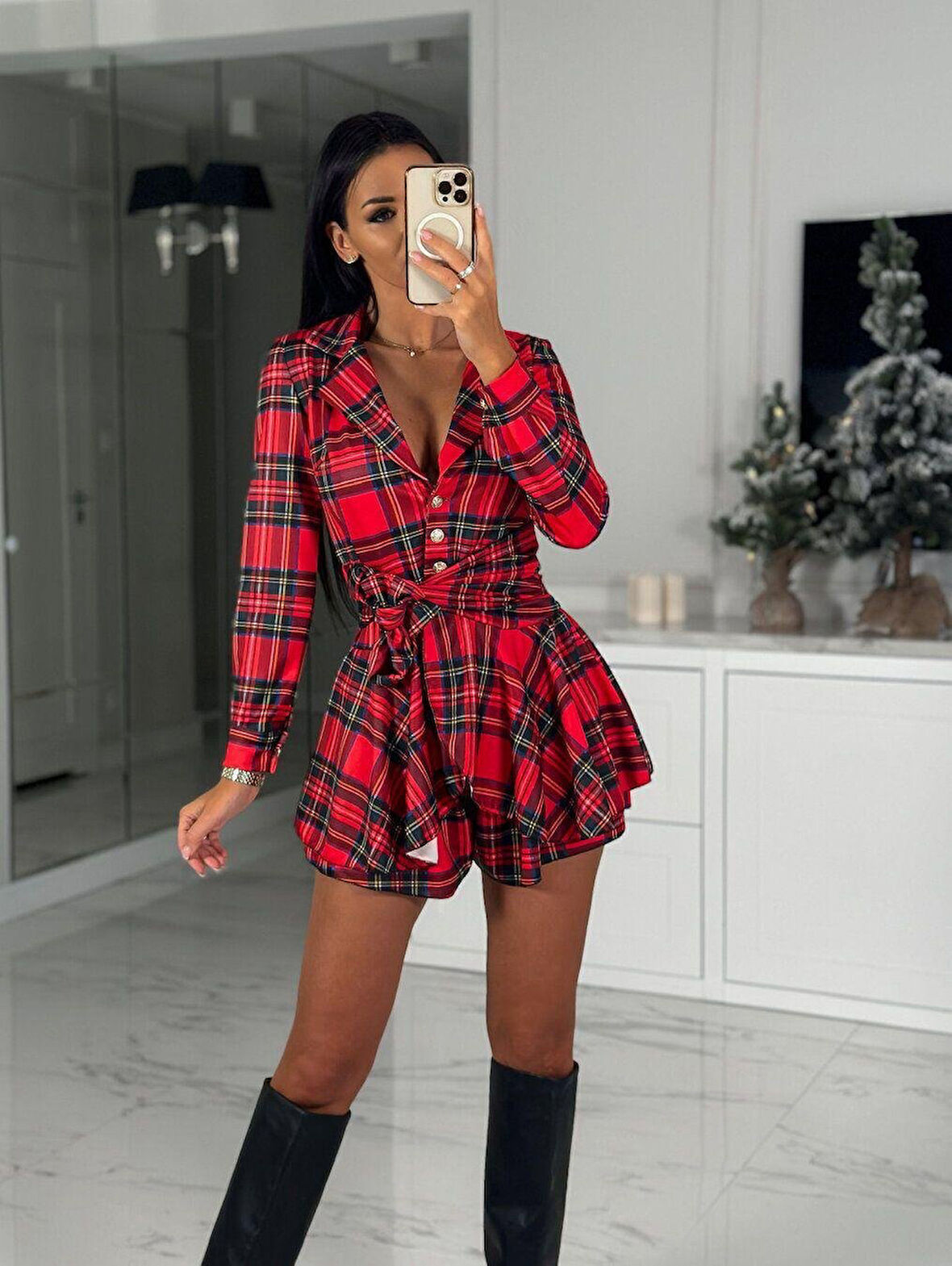 Reka Moda Kadın Scuba Kumaş Ekose Baskı şort Elbise