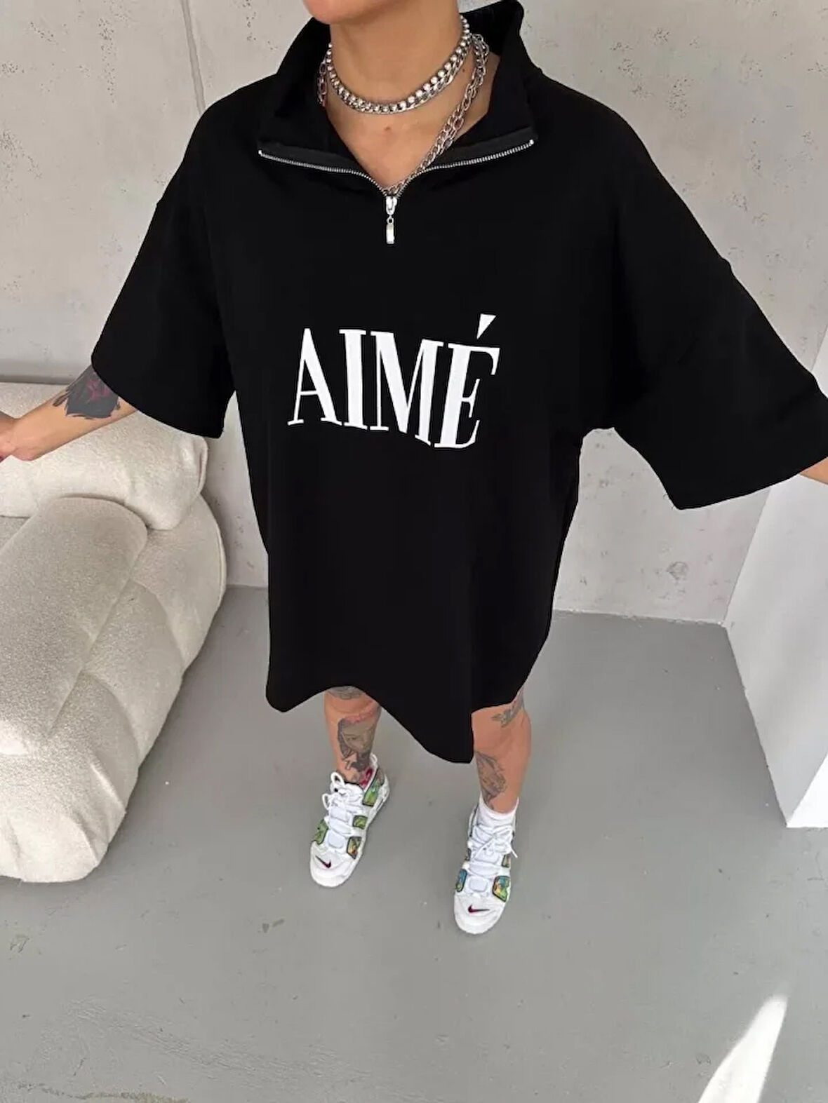 Reka Moda Unisex Yarım Fermuarlı Baskılı T-Shirt - Siyah