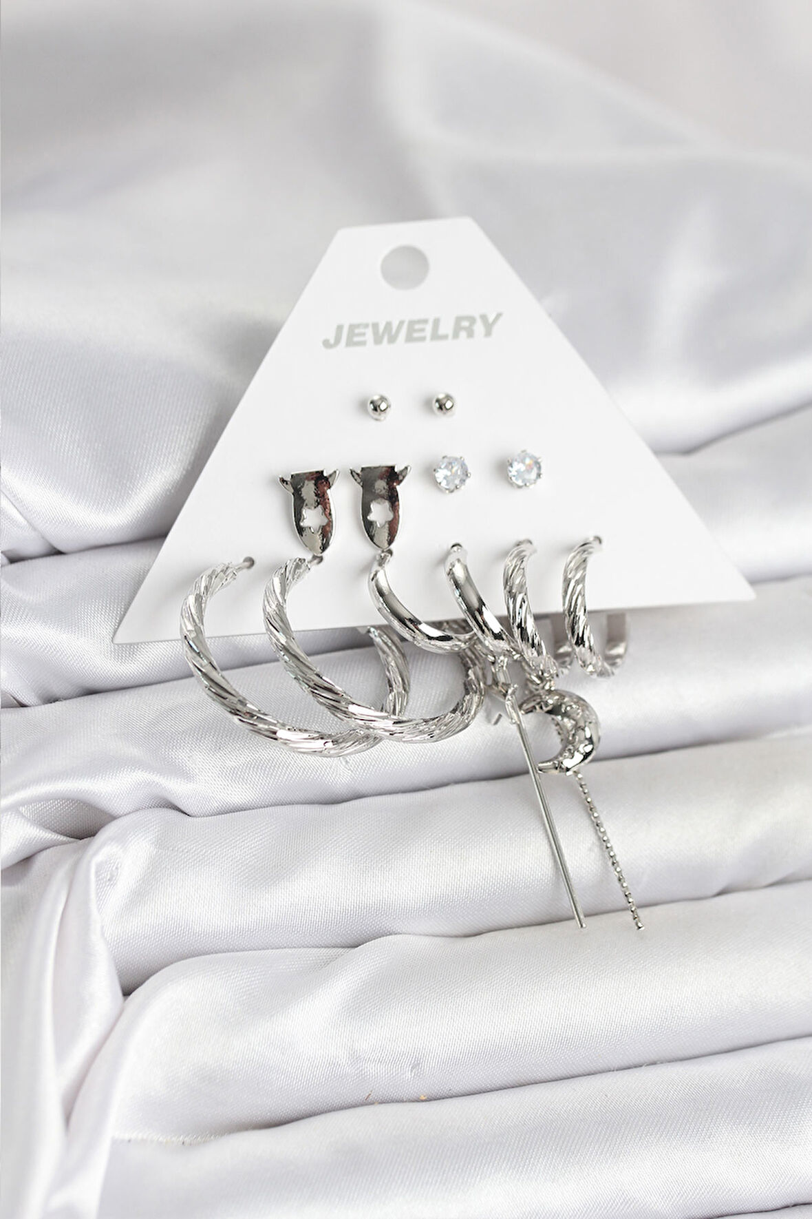 Reka Moda Gümüş Renk Pirinç 6'lı Kadın Küpe Seti