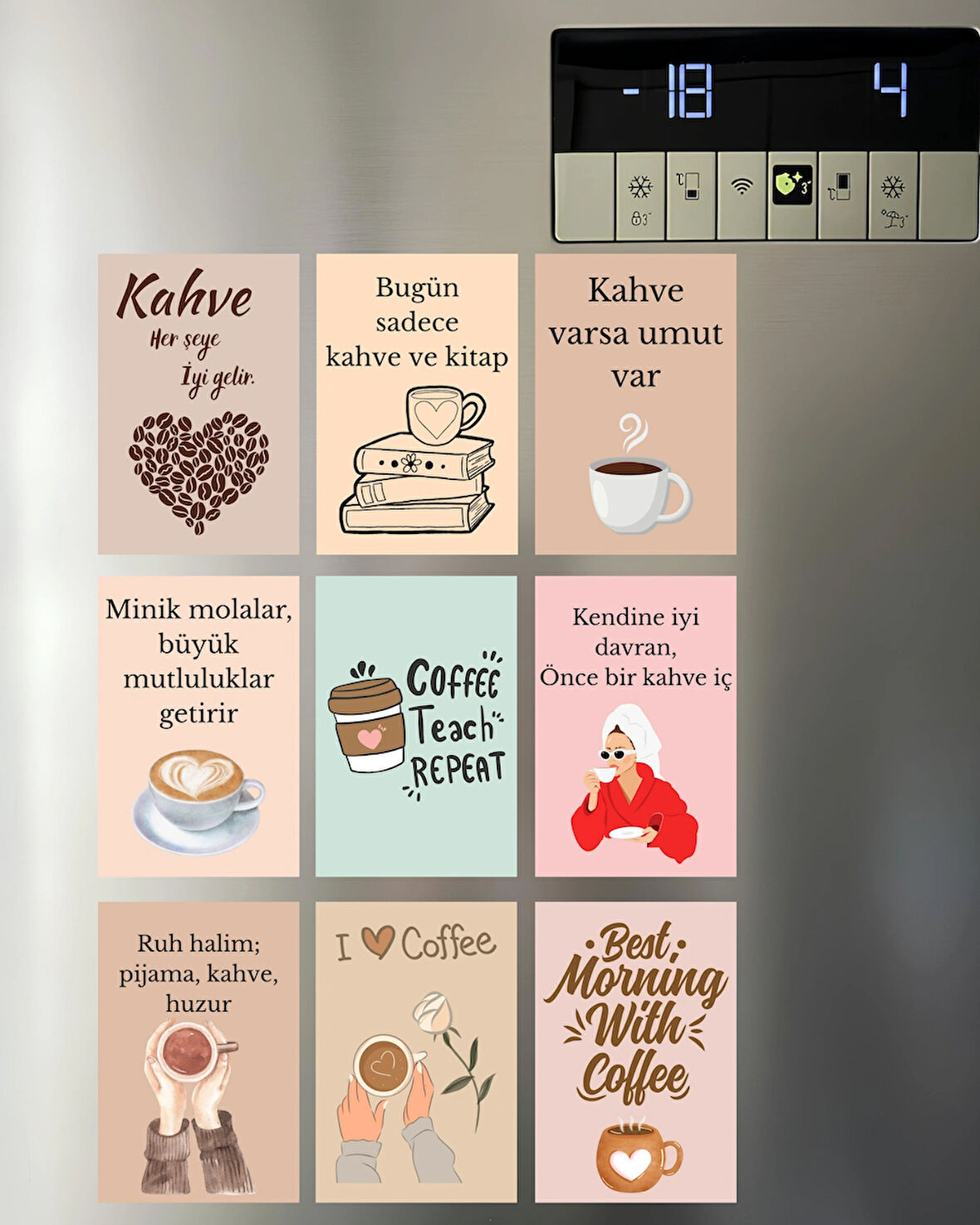 Kahve Molası Sözleri Temalı 9 ADET Magnet Seti – Motivasyon ve Dekor İçin Özel Tasarım 6x9 cm