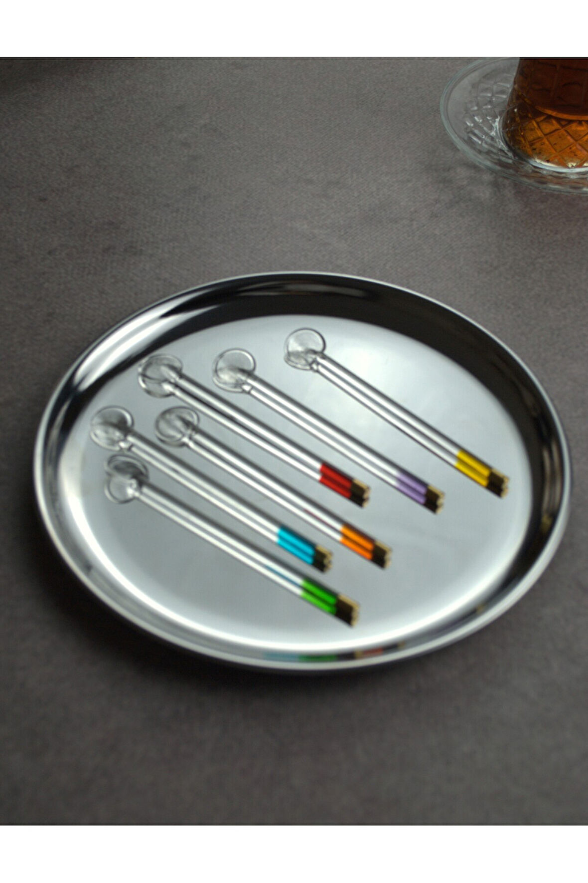 6'lı Cam Çay Kaşığı Renkli Gold Detaylı Sunumluk Kaşık