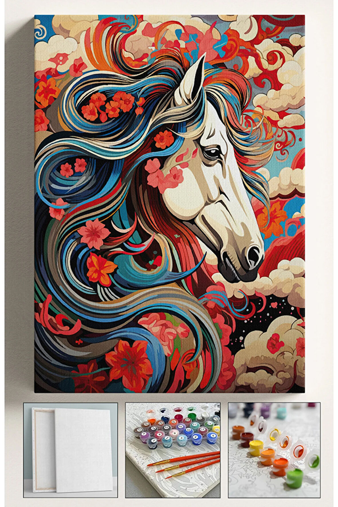 Sayılarla Boyama Hobi Seti Çerçeveli Numaralı Tuval Fırça Boya Dahil Kasnaklı RENKLİ AT 40x50 Cm