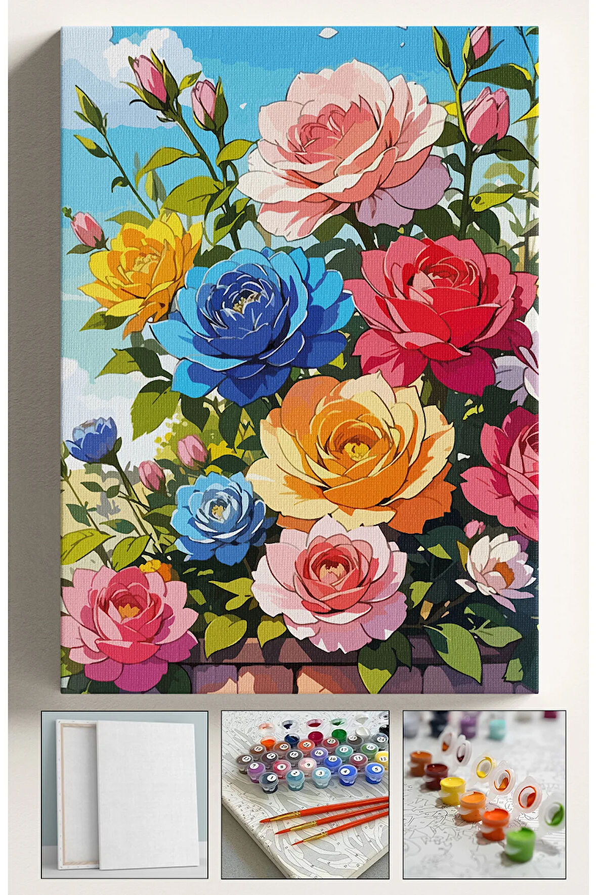 Sayılarla Boyama Çerçeveli Hobi Seti Numaralı Tuval Fırça Boya Dahil Kasnaklı RENKLİ GÜLLER 40X50 Cm