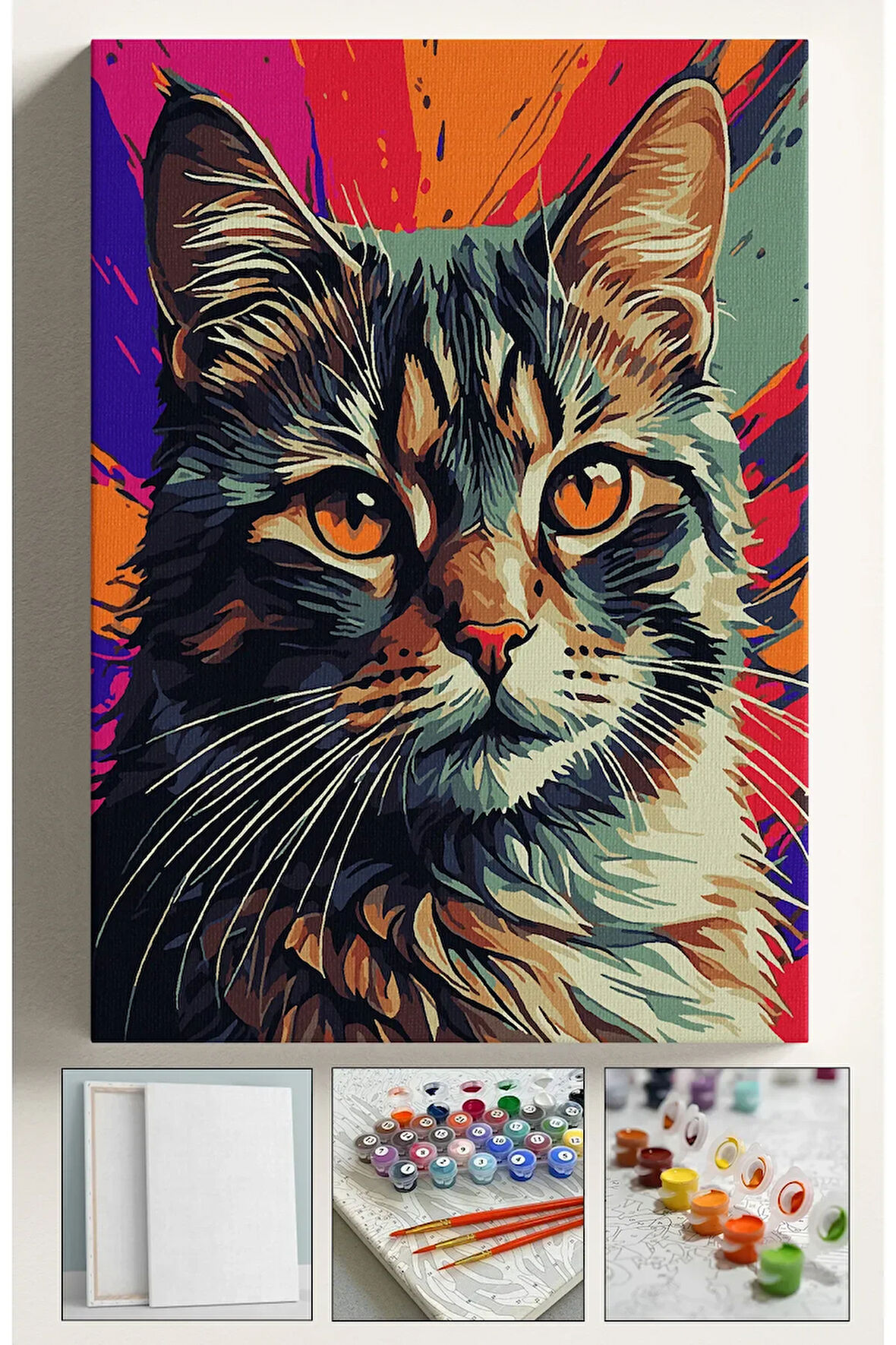 Sayılarla Boyama Seti Numaralı Tuval Fırça Boya RENKLİ KEDİ 40X50 Cm