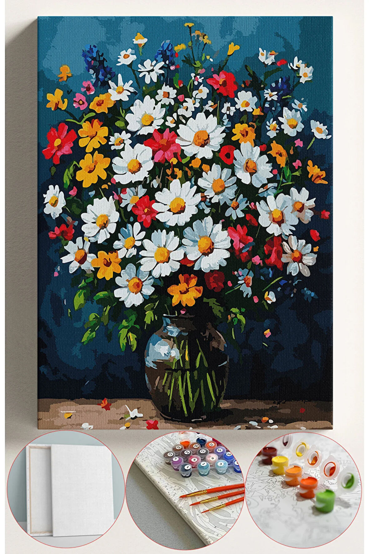 Sayılarla Boyama Seti Numaralı Tuval Fırça Boya 40x50 Cm - RENKLİ PAPATYA DEMETİ