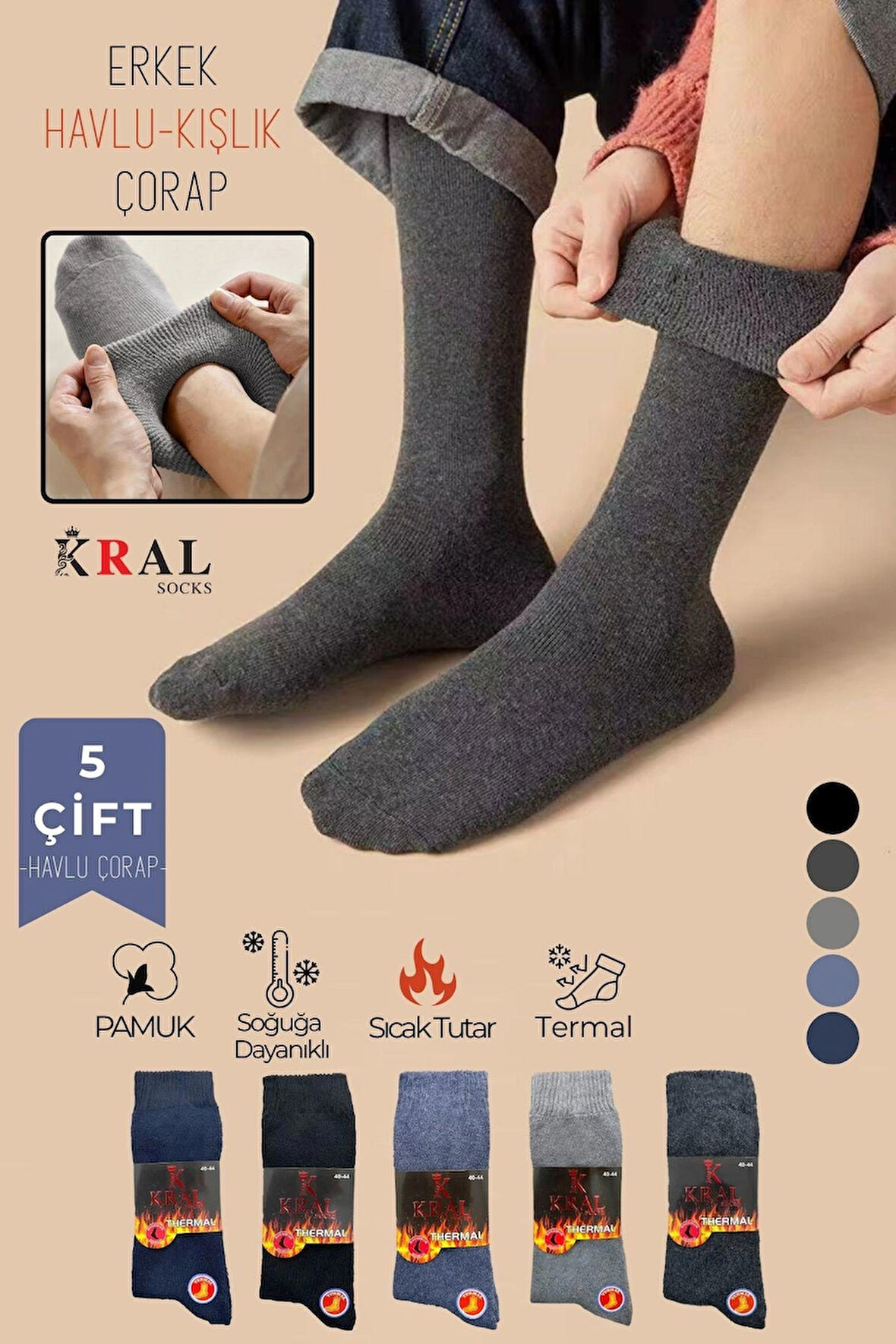 Termal Erkek (5 ÇİFT) Pamuklu Kışlık Havlu Karışık Renk Uzun Soket Çorap