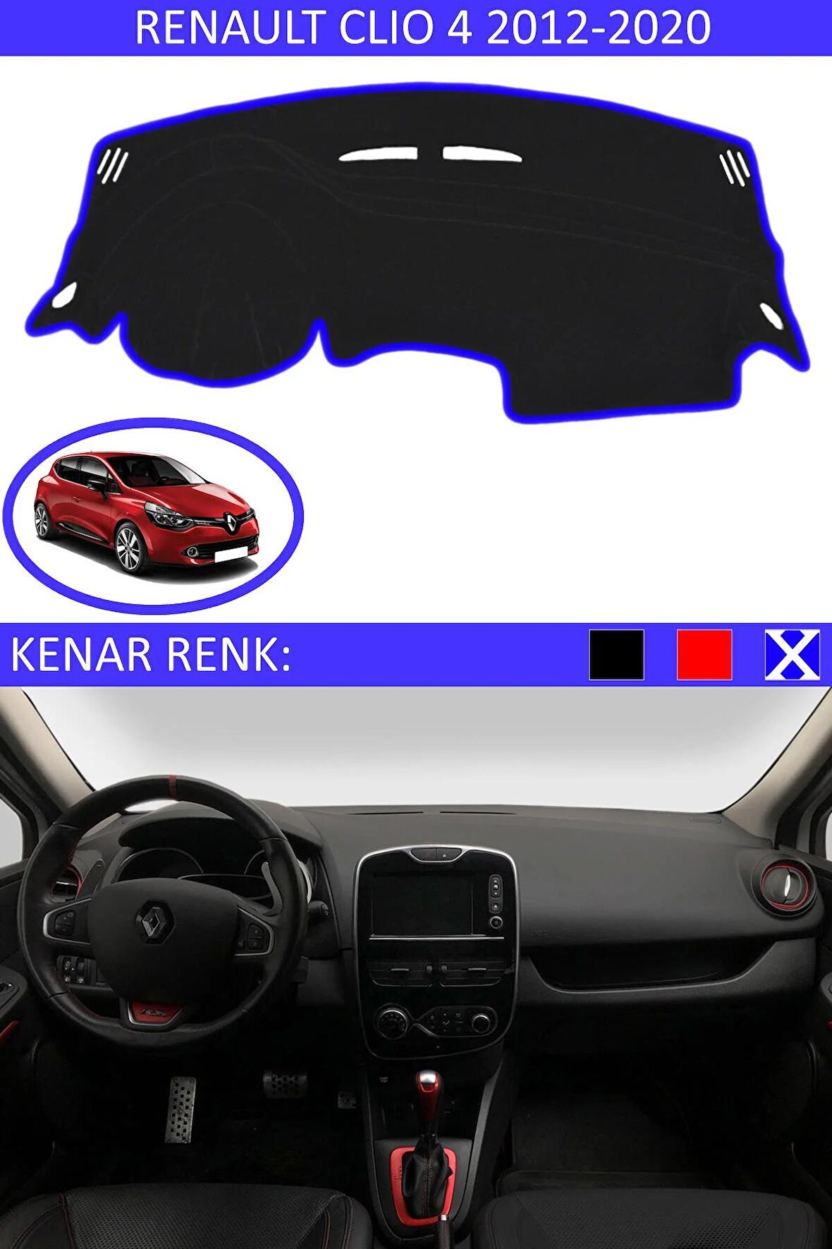 Renault Fluence İçin Uygun Torpido Koruma Halısı Siyah Kenar Renk Mavi