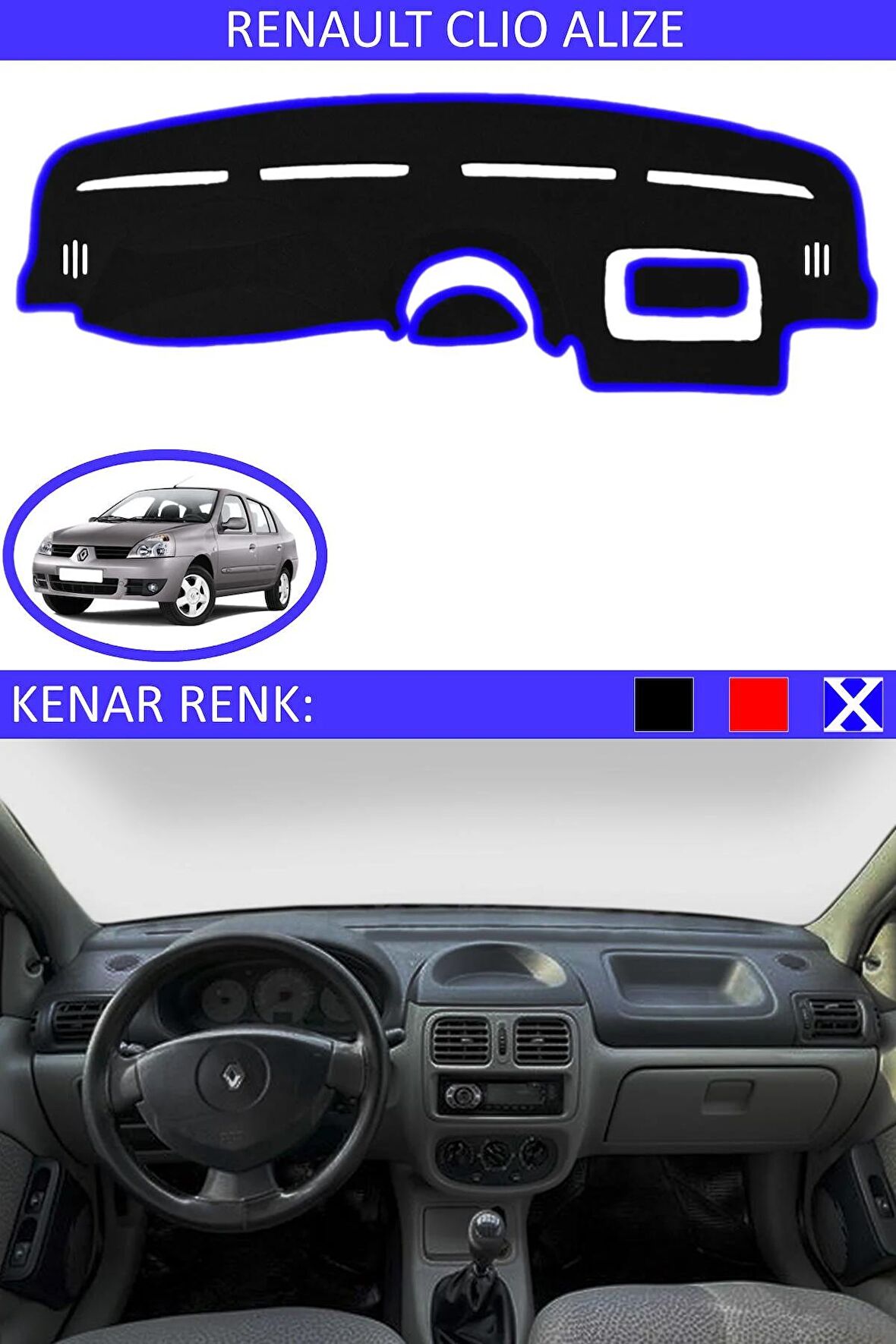 Renault Kangoo 2009-2019 İçin Uygun Torpido Koruma Halısı Siyah Kenar Renk Mavi