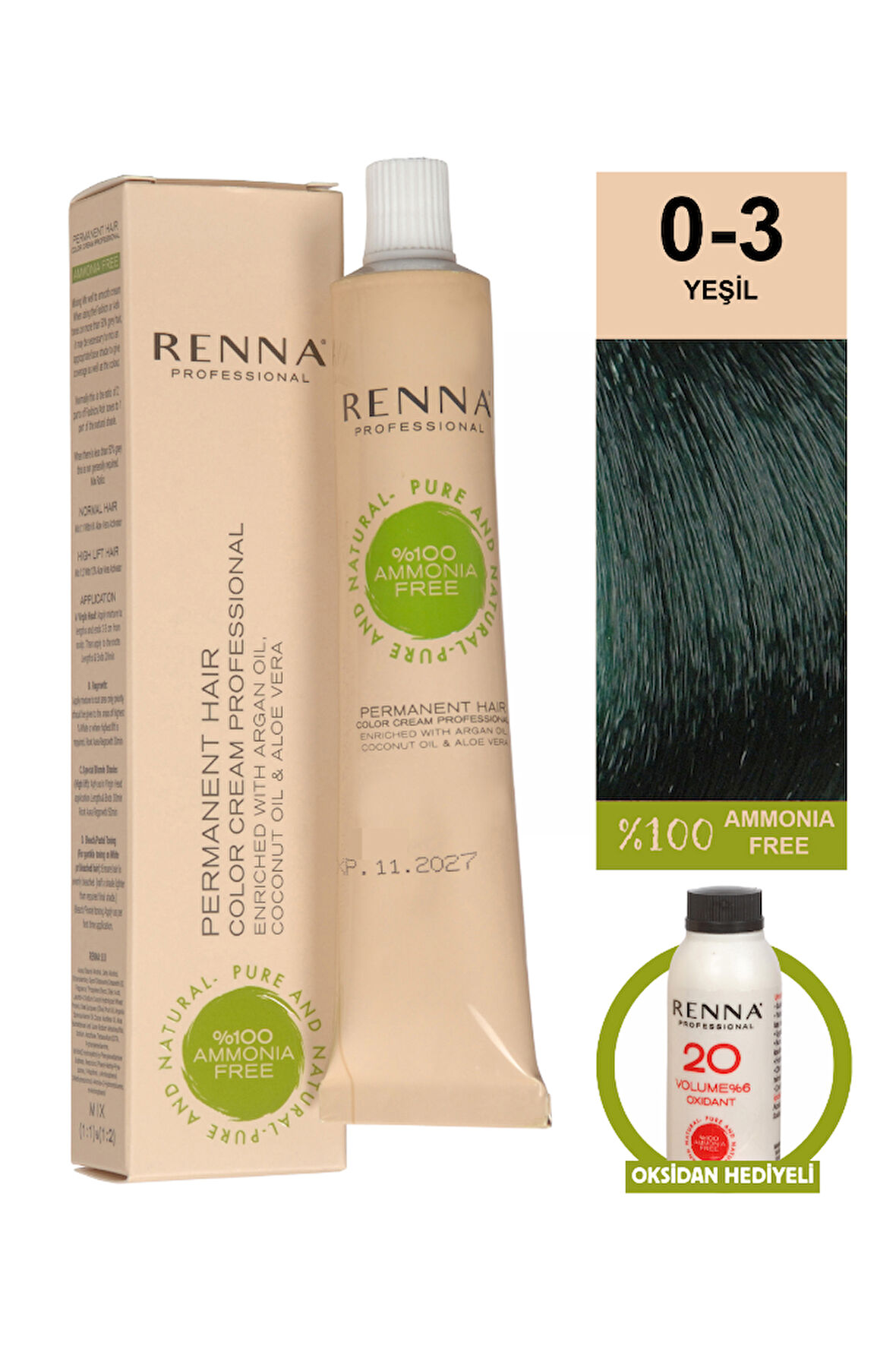 Renna Bitkisel Amonyaksız Saç Boyası 60 Ml 0-3 Yeşil Oksidan Hediyeli