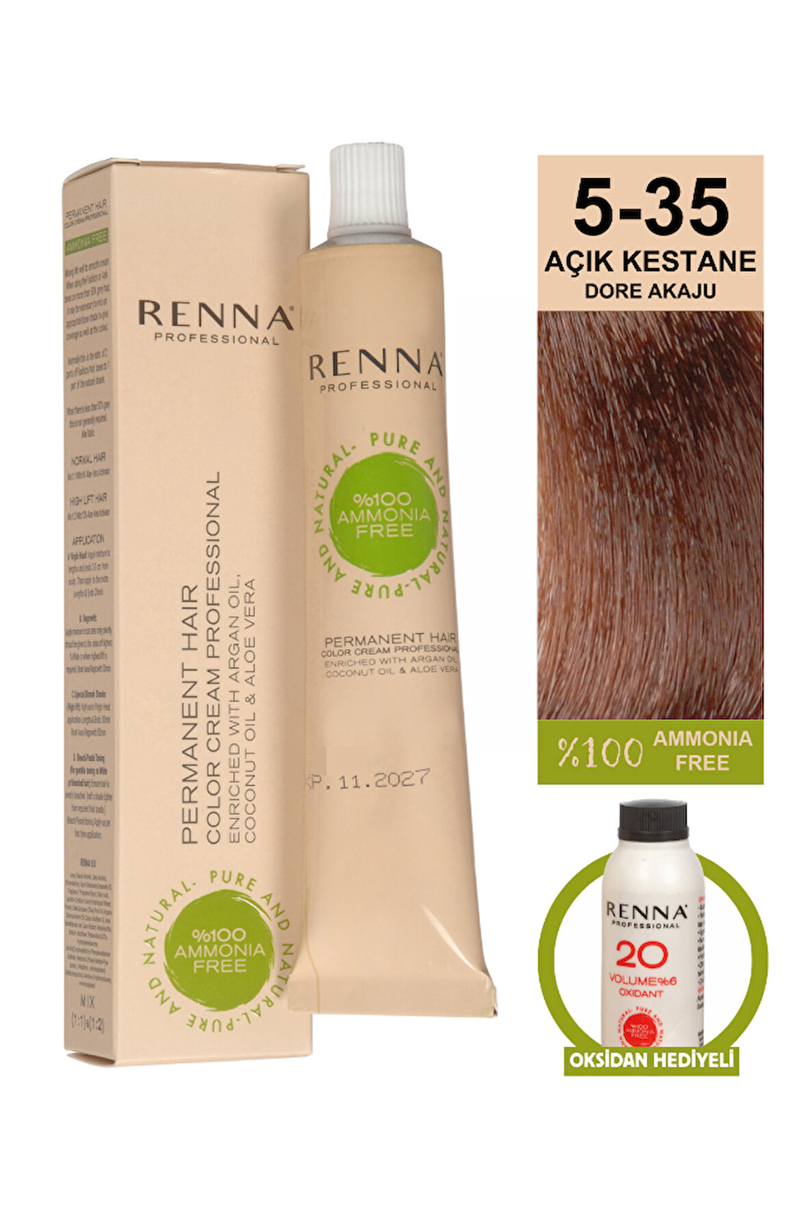 Renna Bitkisel Amonyaksız Saç Boyası 60 Ml 5-35 Açık Kestane Dore Akaju Oksidan Hediyeli