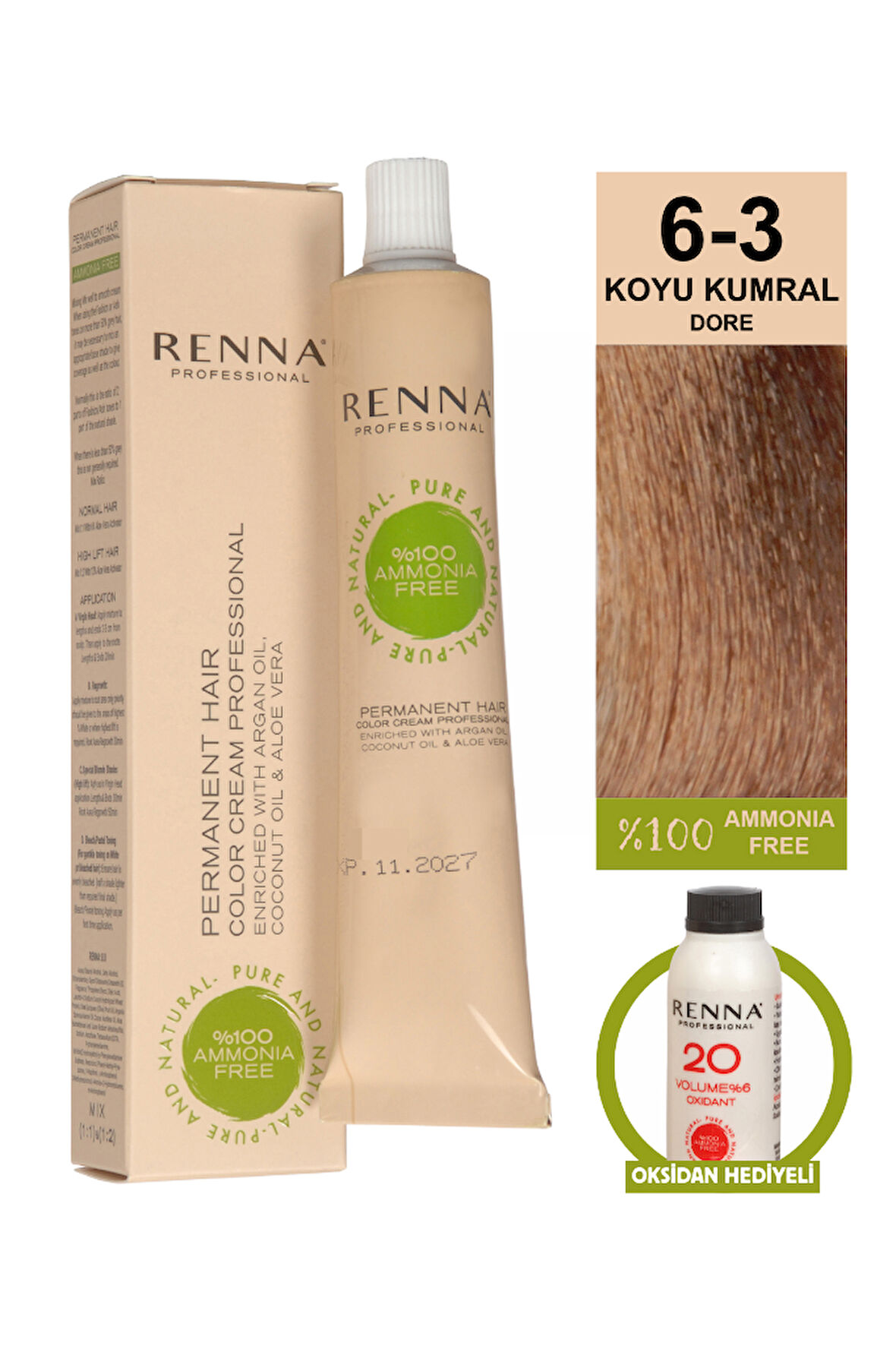 Renna Bitkisel Amonyaksız Saç Boyası 60 Ml 6-3 Koyu Kumral Dore Oksidan Hediyeli