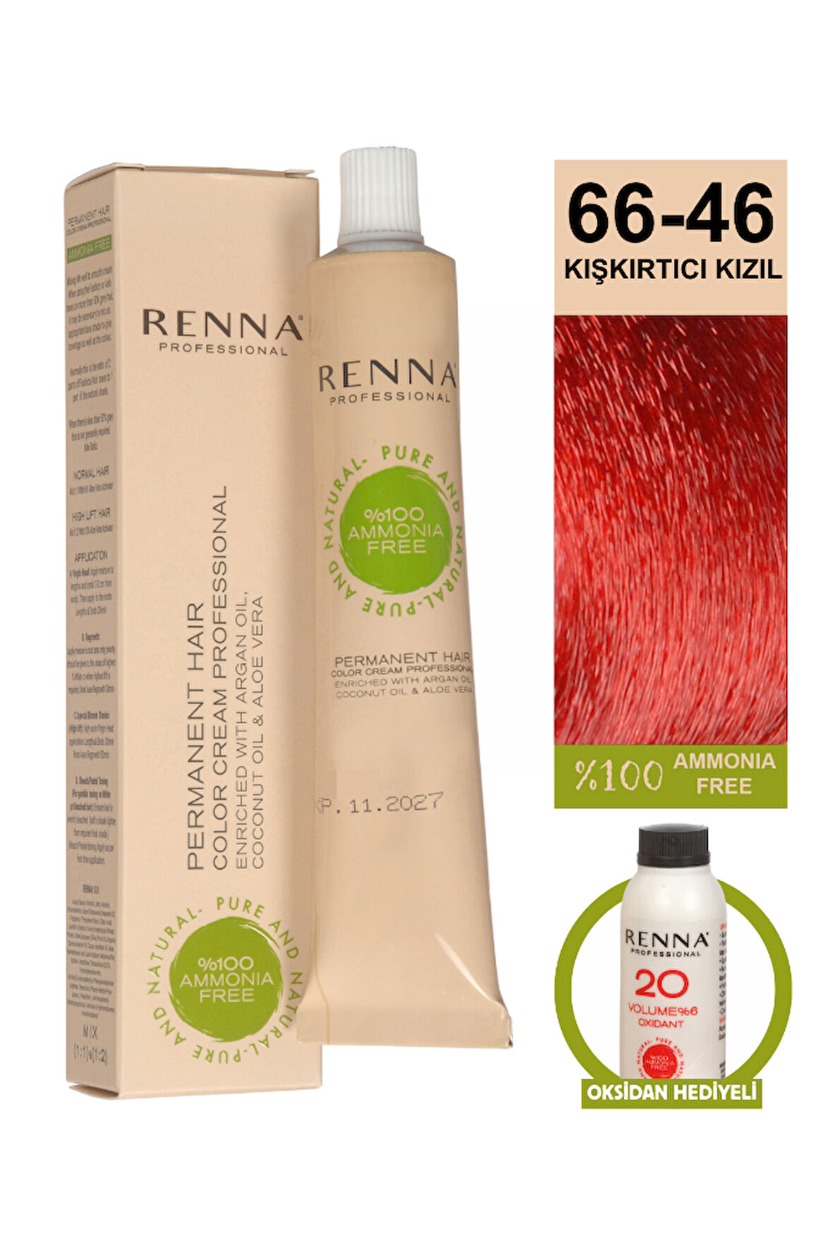 Renna Bitkisel Amonyaksız Saç Boyası 60 Ml 66-46 Kışkırtıcı Kızıl Oksidan Hediyeli