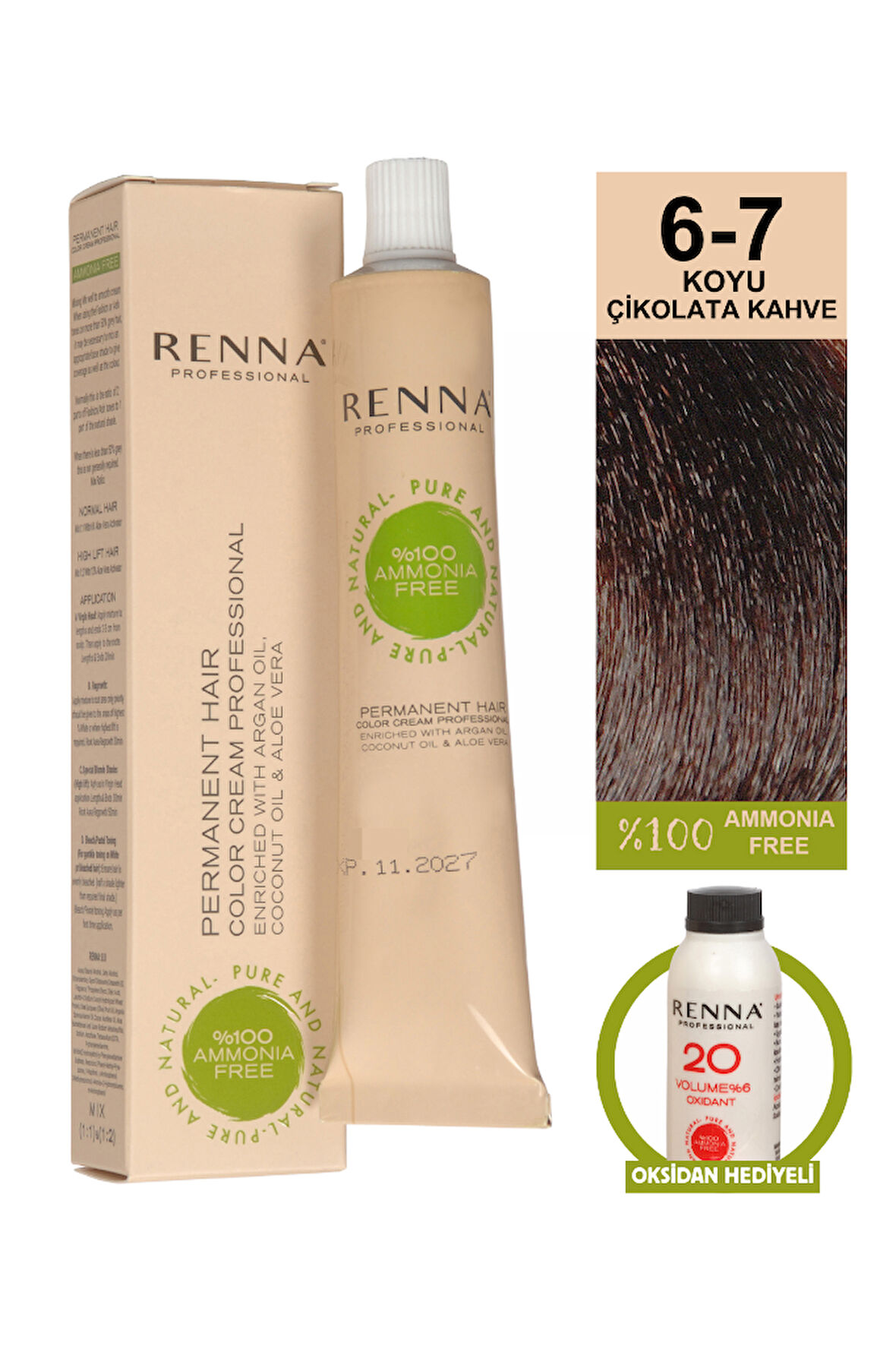 Renna Bitkisel Amonyaksız Saç Boyası 60 Ml 6-7 Koyu Çikolata Kahve Oksidan Hediyeli