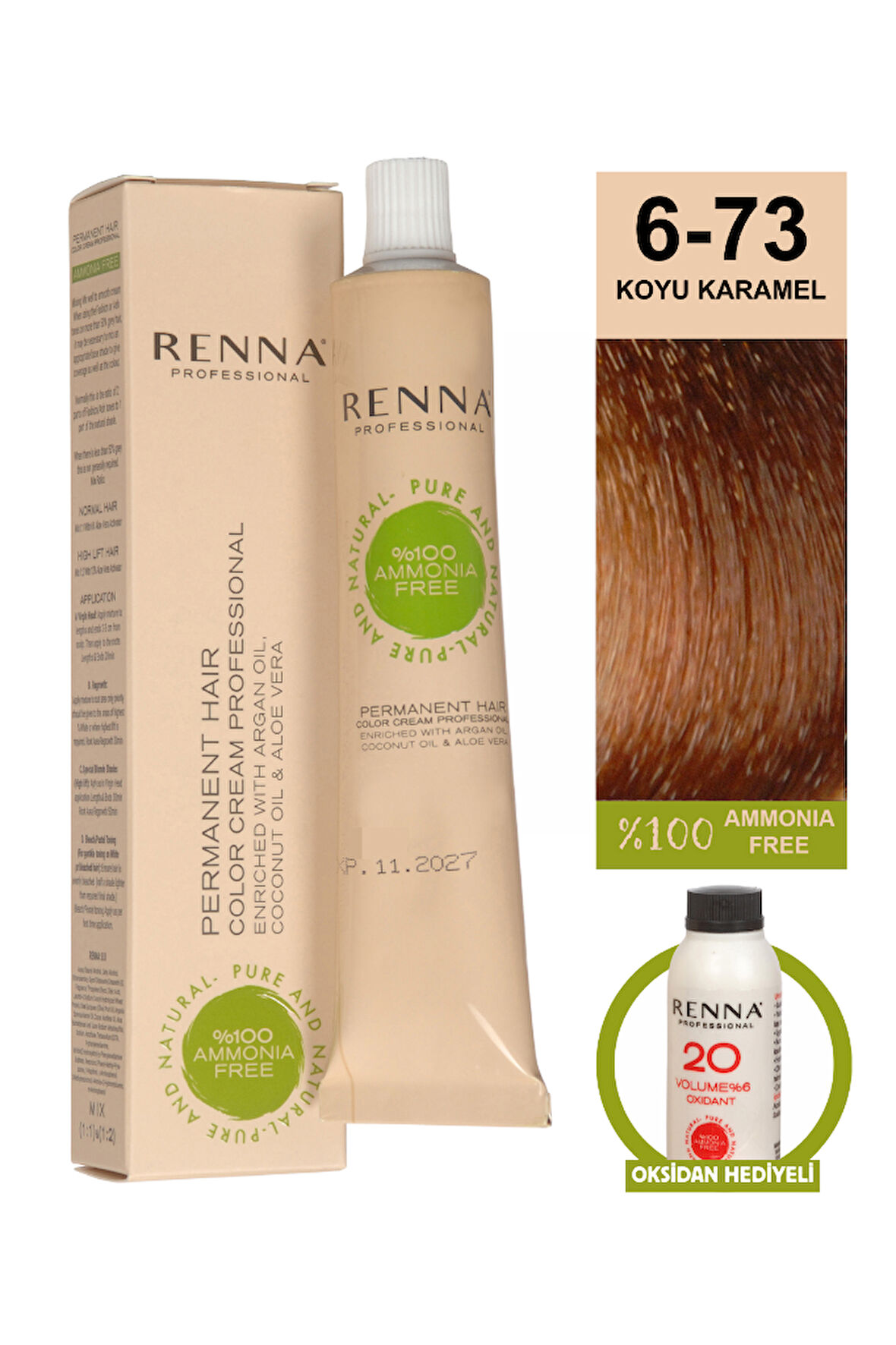 Renna Bitkisel Amonyaksız Saç Boyası 60 Ml 6-73 Koyu Karamel Oksidan Hediyeli