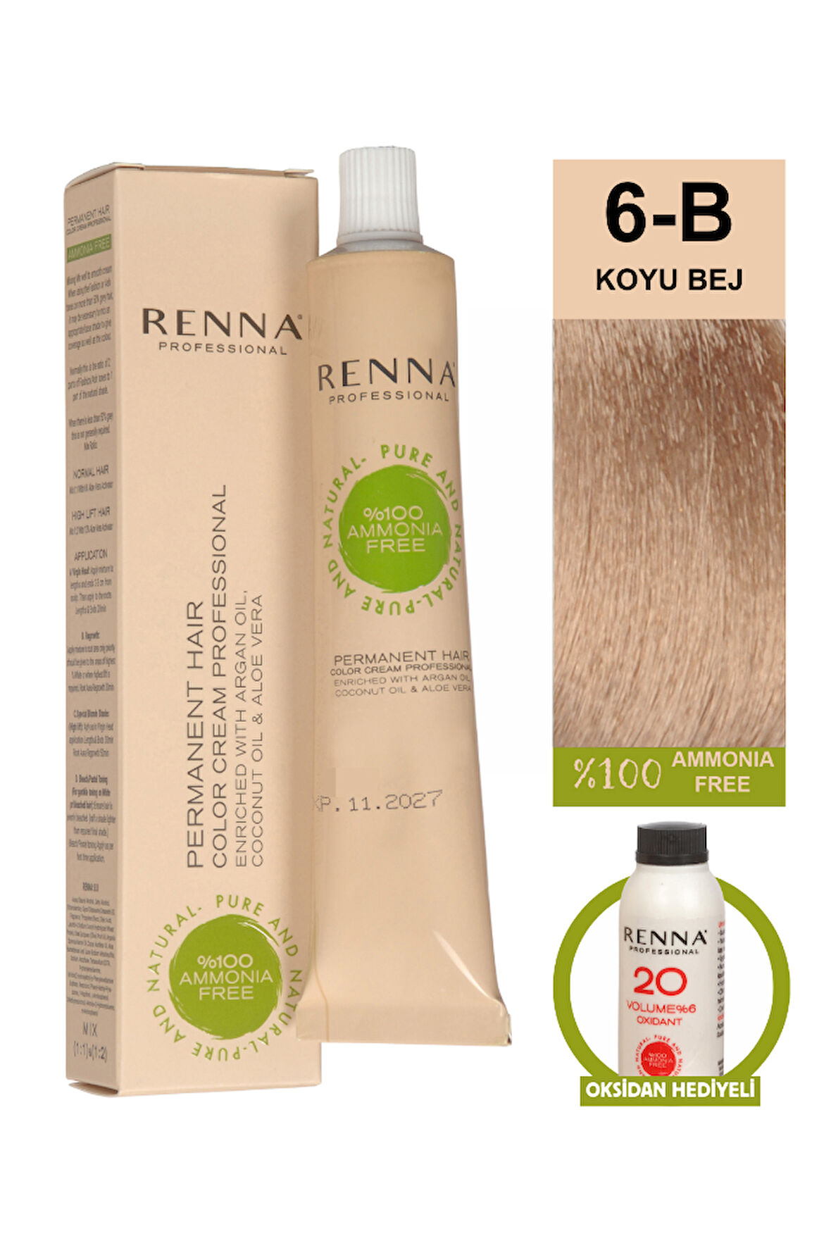 Renna Bitkisel Amonyaksız Saç Boyası 60 Ml 6-B Koyu Bej Oksidan Hediyeli