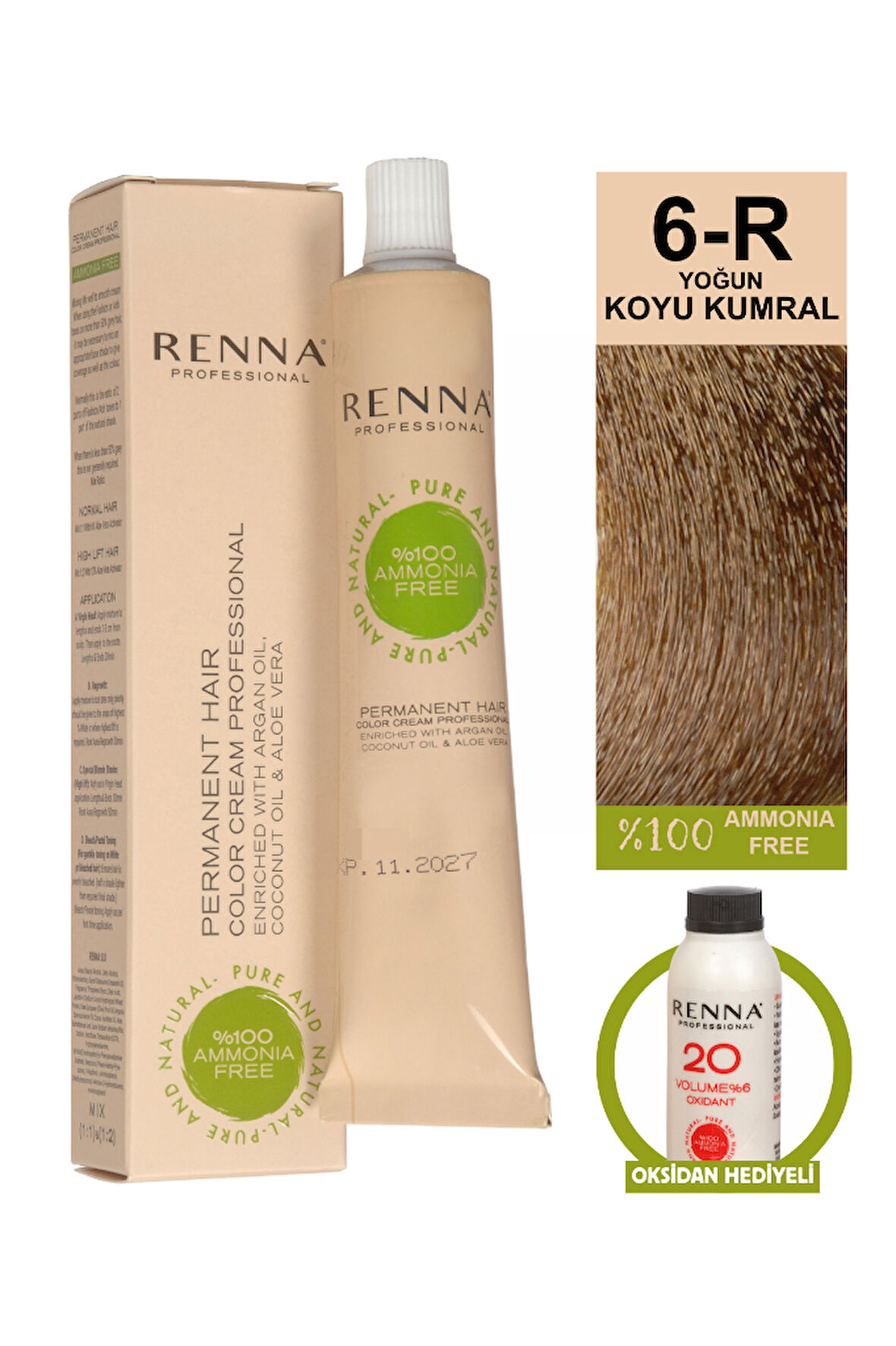 Renna Bitkisel Amonyaksız Saç Boyası 60 Ml 6-R Yoğun Koyu Kumral Oksidan Hediyeli