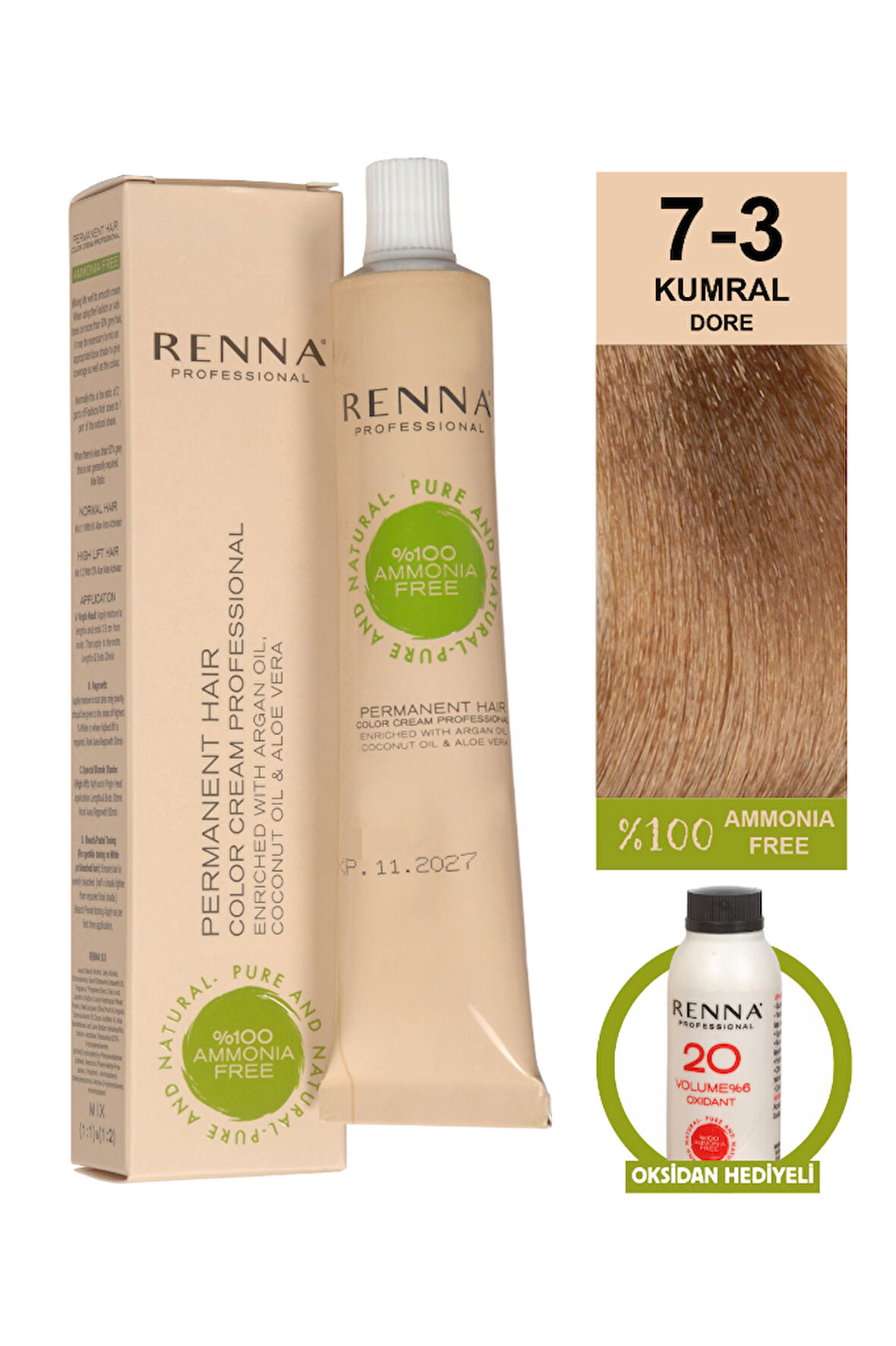 Renna Bitkisel Amonyaksız Saç Boyası 60 Ml 7-3 Kumral Dore Oksidan Hediyeli