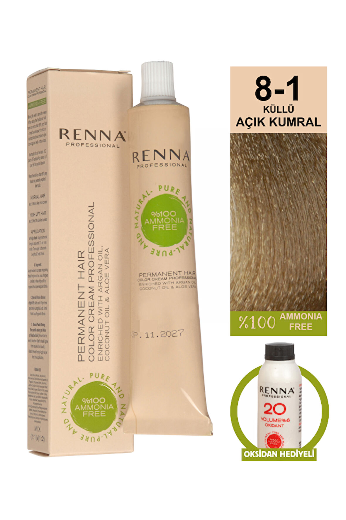 Renna Bitkisel Amonyaksız Saç Boyası 60 Ml 8-1 Küllü Açık Kumral Oksidan Hediyeli