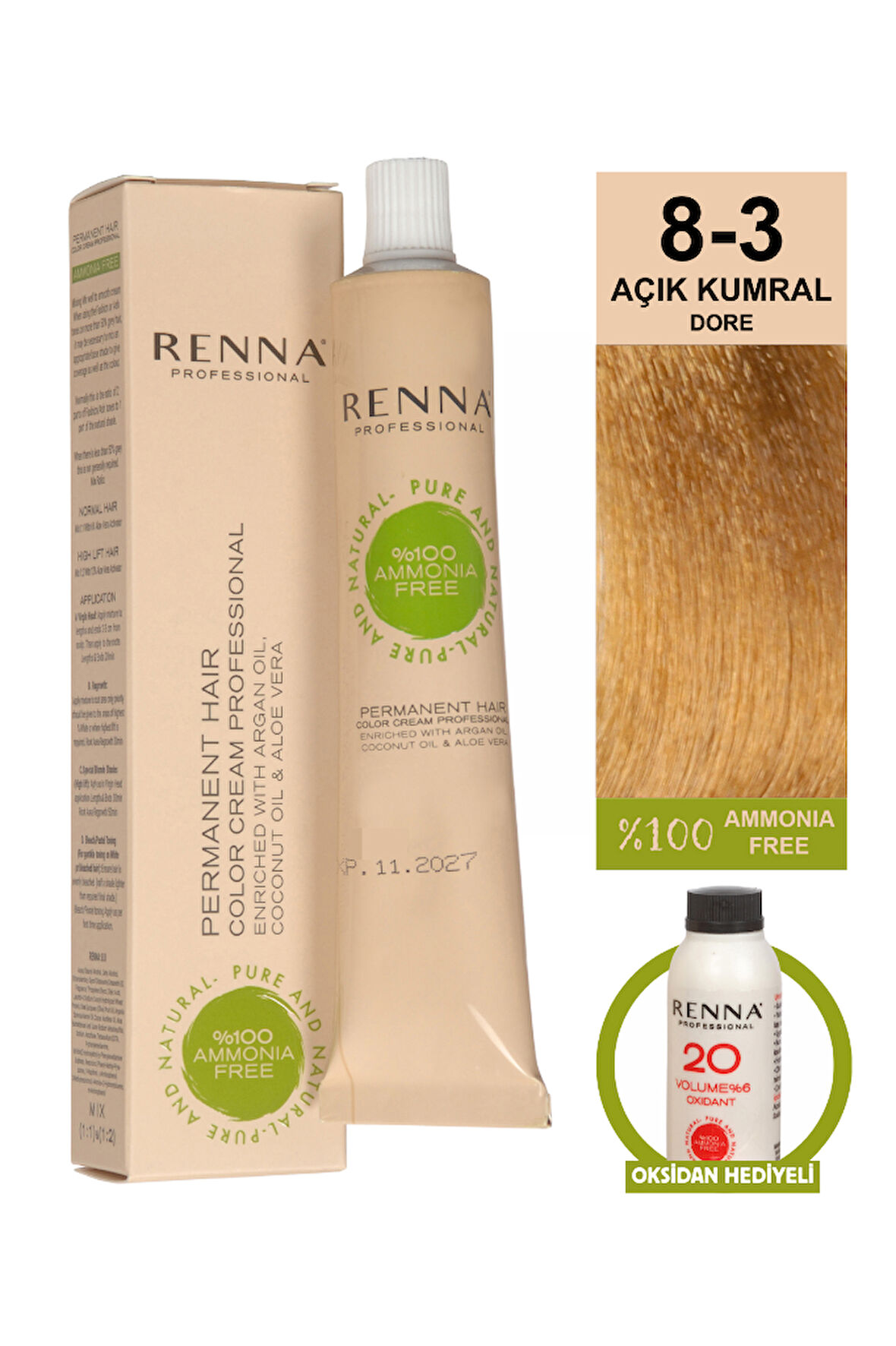 Renna Bitkisel Amonyaksız Saç Boyası 60 Ml 8-3 Açık Kumral Dore Oksidan Hediyeli