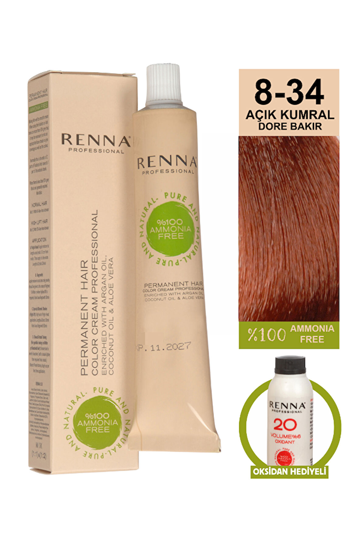 Renna Bitkisel Amonyaksız Saç Boyası 60 Ml 8-34 Açık Kumral Dore Bakır Oksidan Hediyeli
