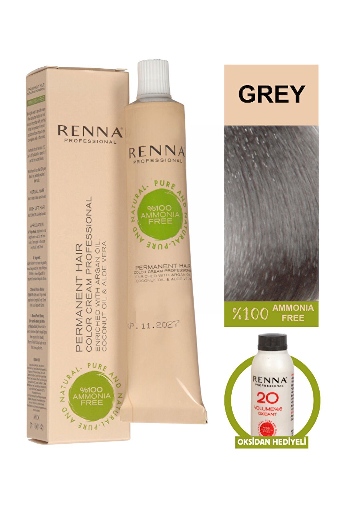 Renna Bitkisel Amonyaksız Saç Boyası 60 Ml Koyu Gri Oksidan Hediyeli