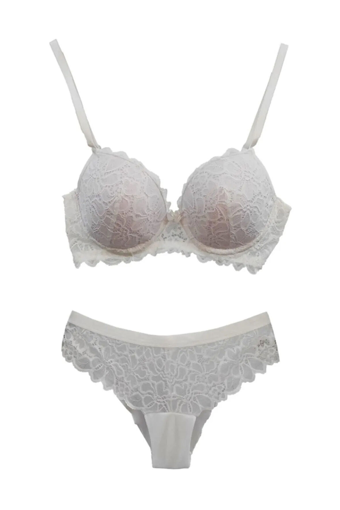 Ful Dantel Desteksiz Balenli Takım Beyaz