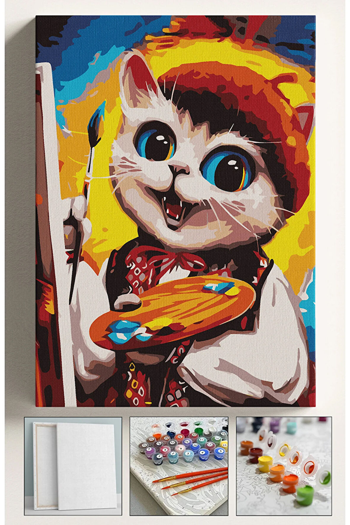 Sayılarla Boyama Seti Numaralı Tuval Fırça Boya 40x50 Cm Ressam Kedi