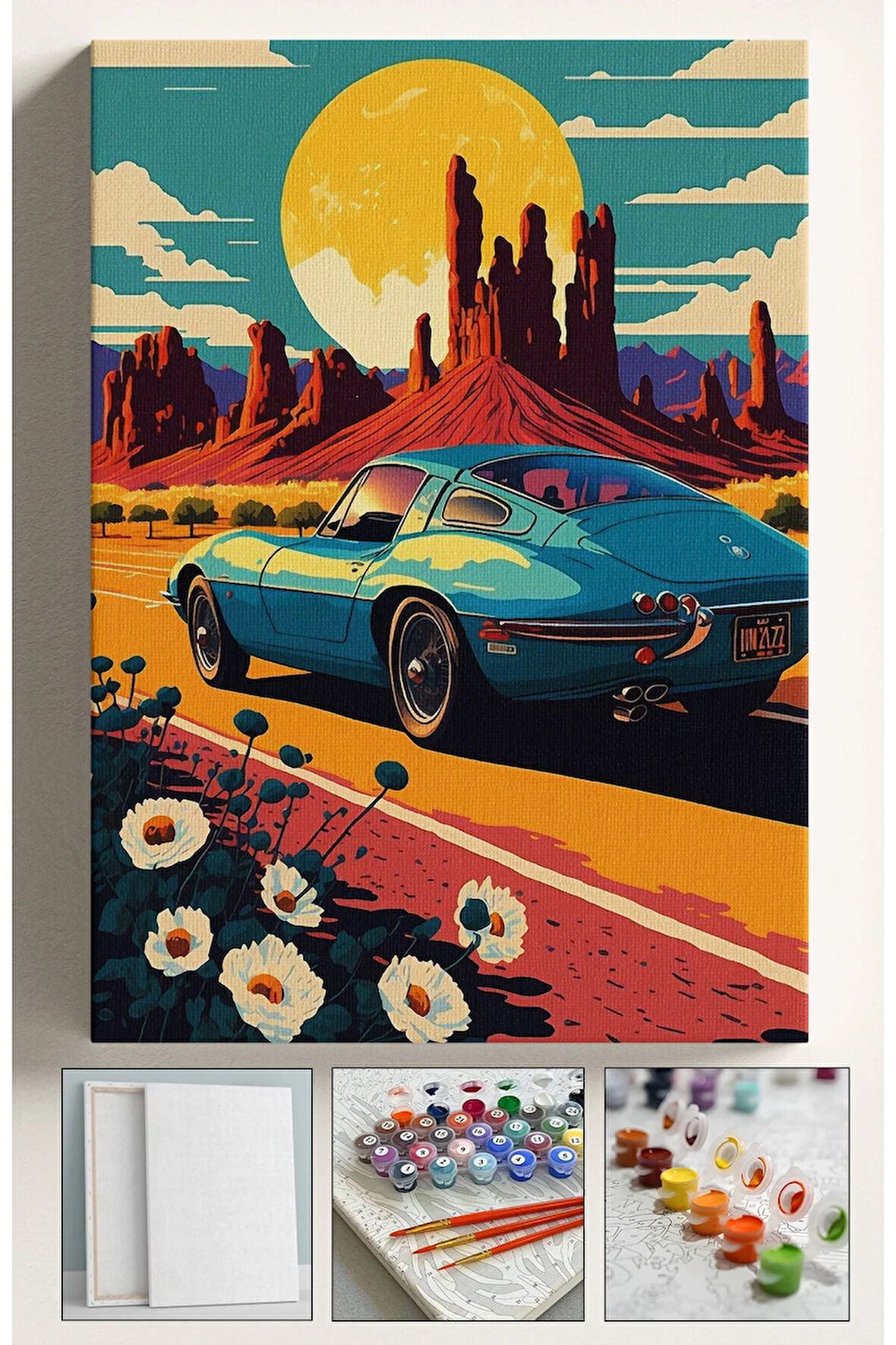 Sayılarla Boyama Hobi Seti Çerçeveli Numaralı Tuval Fırça Boya Dahil Kasnaklı RETRO ARABA 40x50 Cm