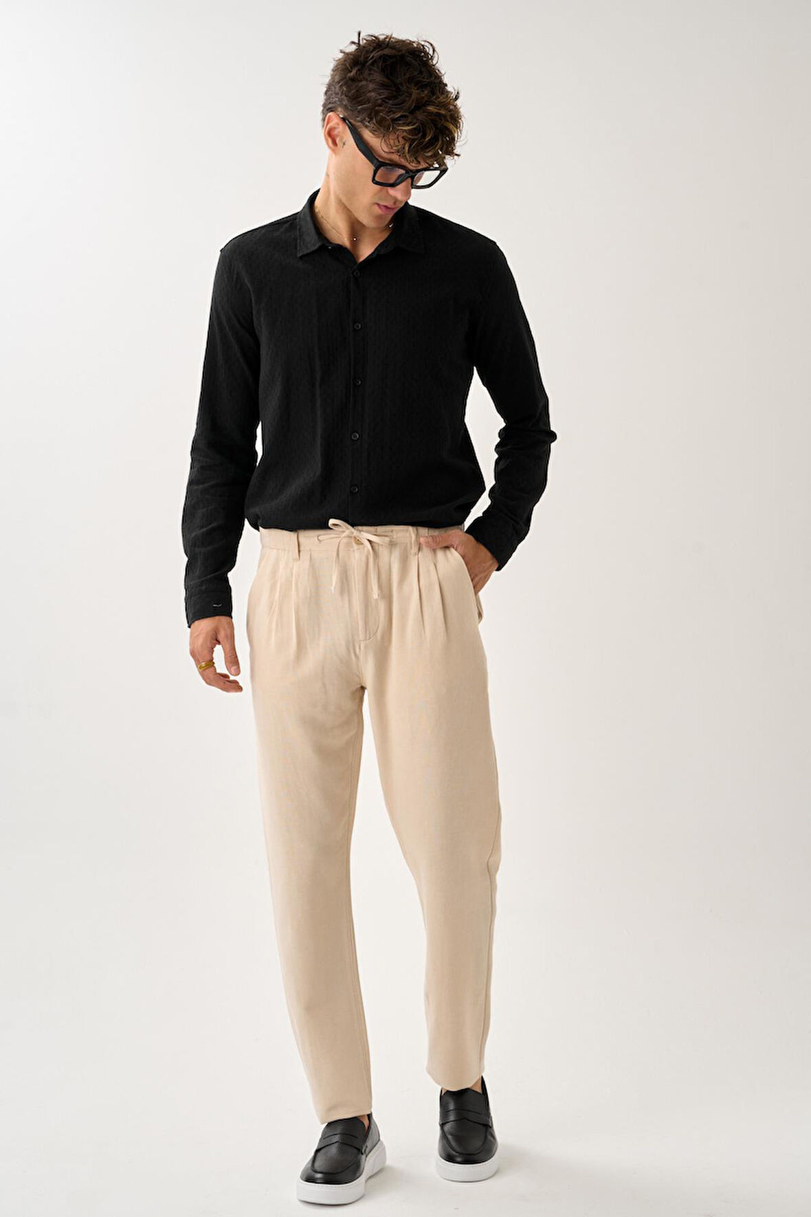 Pileli Bağcıklı Casual Keten Pantolon