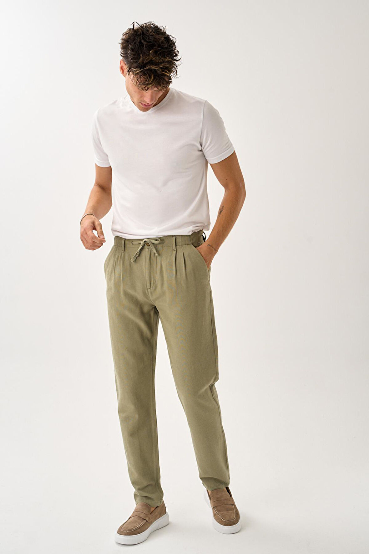 Pileli Bağcıklı Casual Keten Pantolon