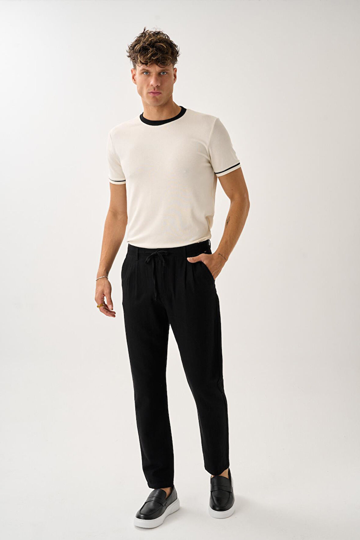 Pileli Bağcıklı Casual Keten Pantolon