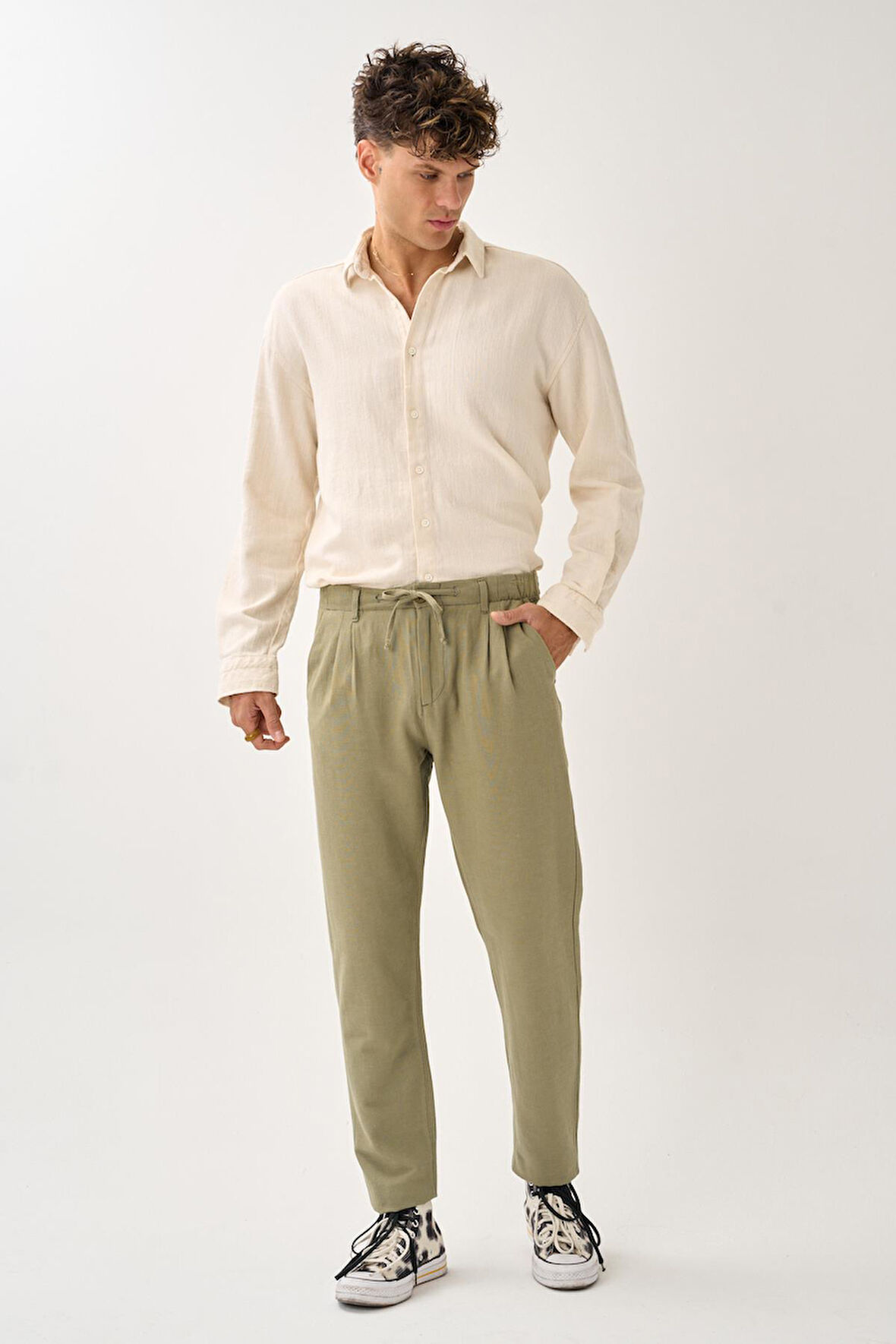 Regular Fit Beli Lastikli Keten Pantolon