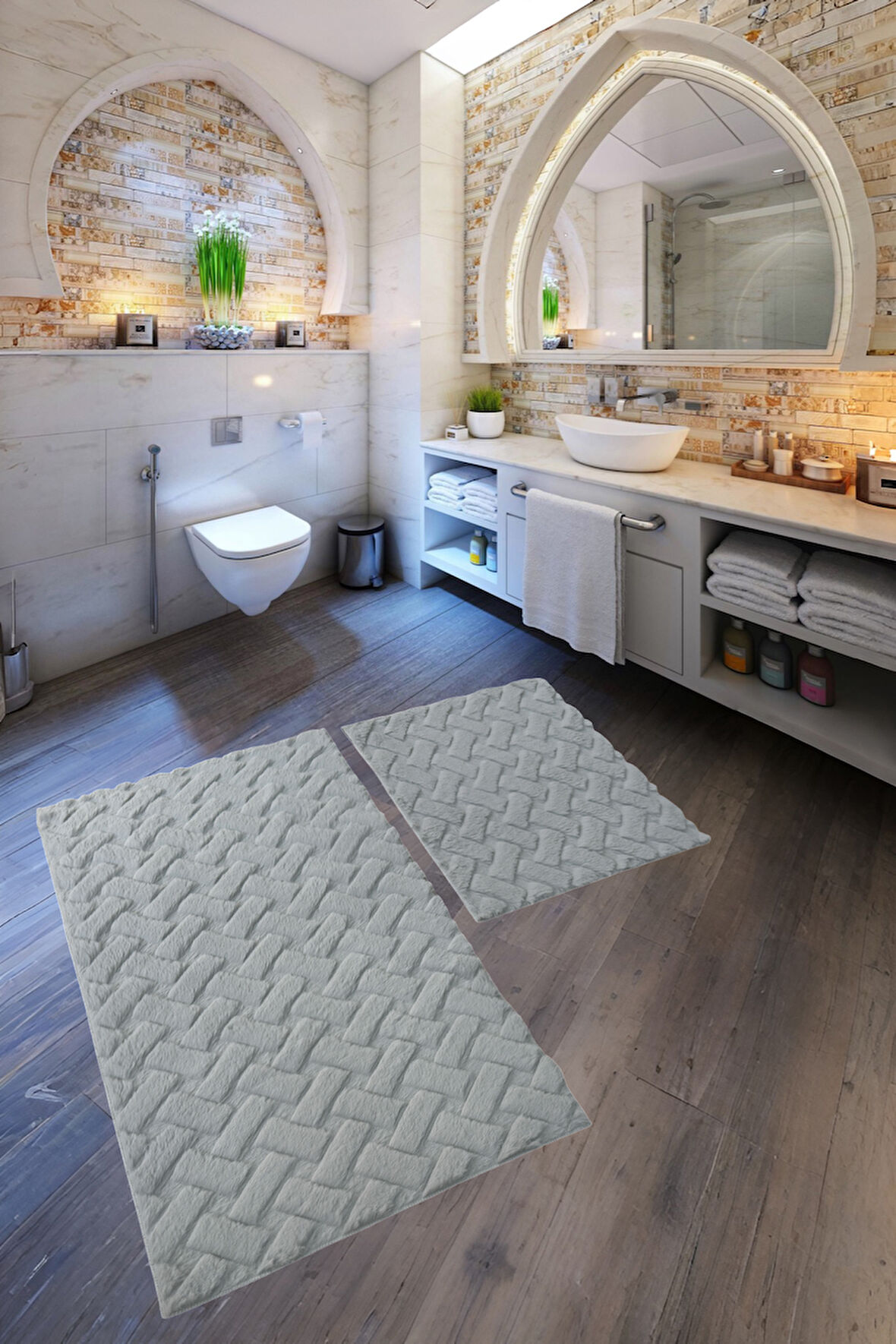 Desenli Tavşan Tüyü Yumuşak 2’li Banyo Paspası – Kaymaz Tabanlı Klozet Takımı Gri