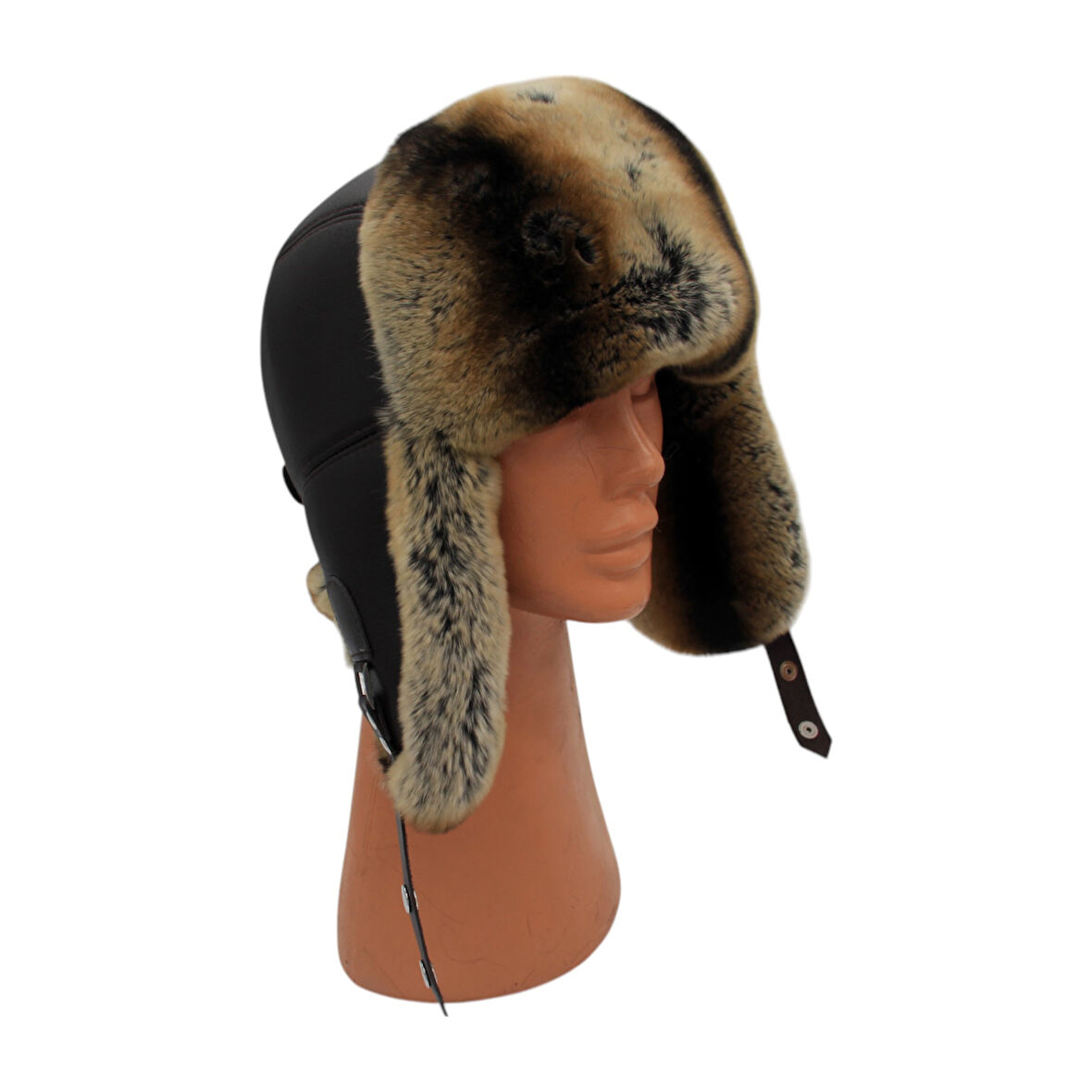 Gerçek Tavşan Kürklü Ushanka Deri Pilot Şapka Ayarlanabilir Tokalı Kışlık Outdoor Şapka Rex Model