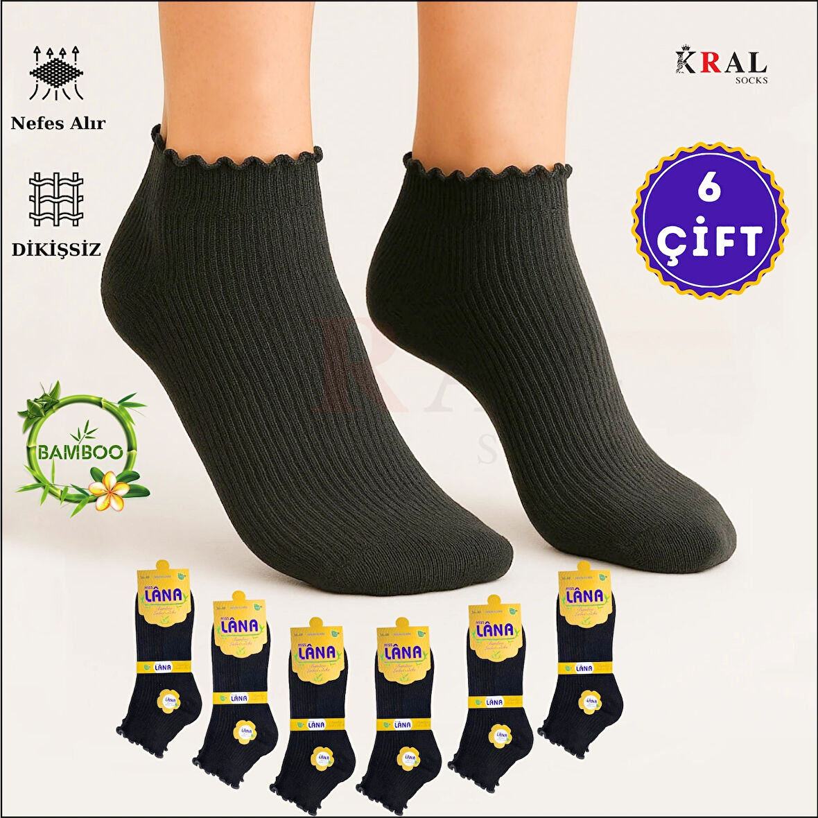 Kadın Bambu Çorap (6 ÇİFT) Fırfırlı Patik Kadın Çorap
