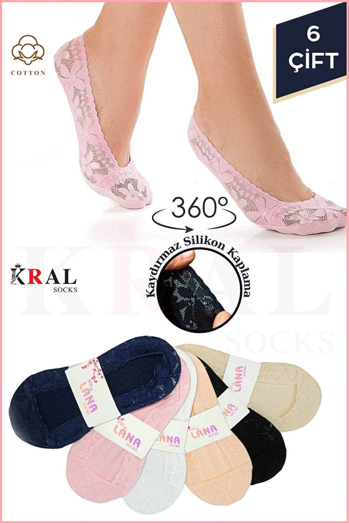 Kadın Çorap (6 ÇİFT) CLARA Model Renkli Pamuklu Terletmez Babet Çorap Seti