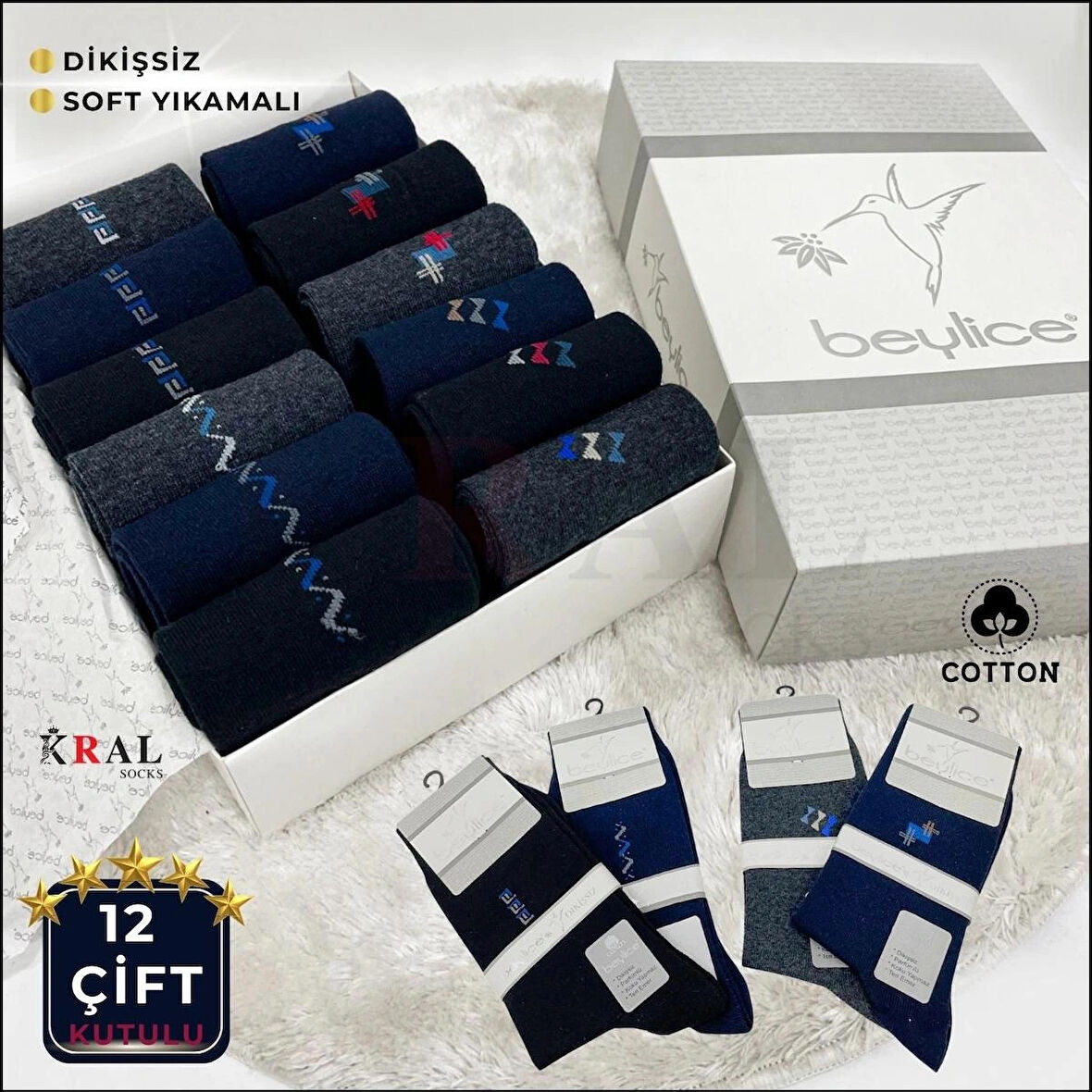 Pamuklu Erkek Çorap Klasik Soket Düz Uzun Yazlık Dikişsiz 12'li Kutulu Premium Set