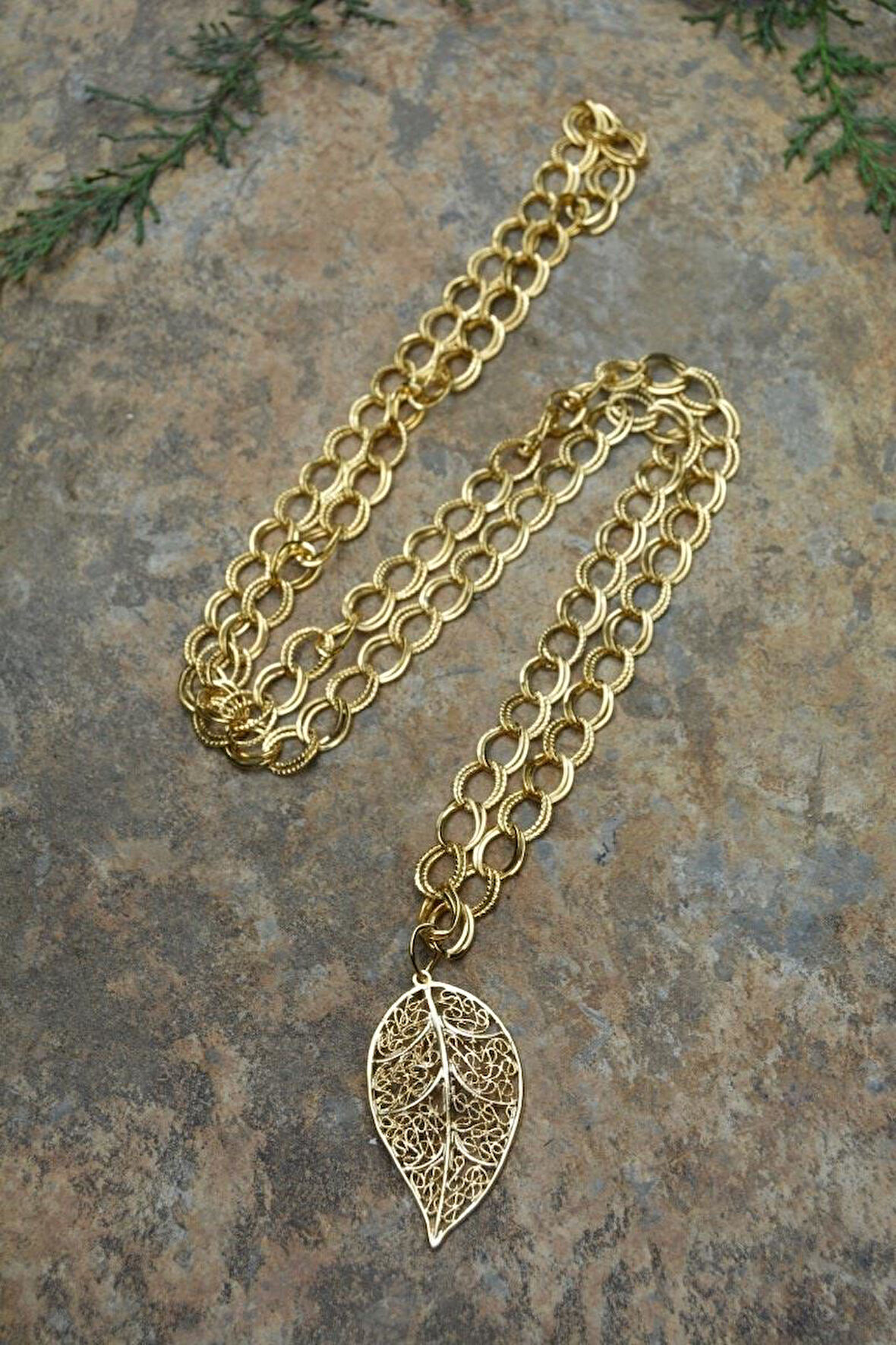 STONEAGE JEWELLERY Altın Kaplama Yaprak Uzun Kadın Kolye