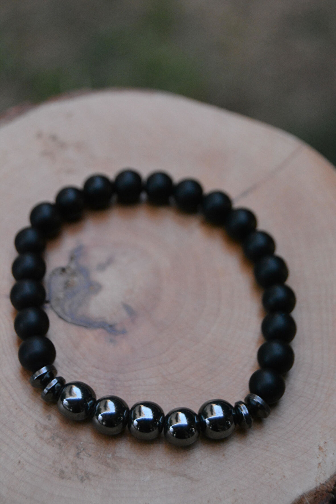 STONEAGE Unisex Doğal Taş Bileklik Gri Hematit ve Siyah Cam