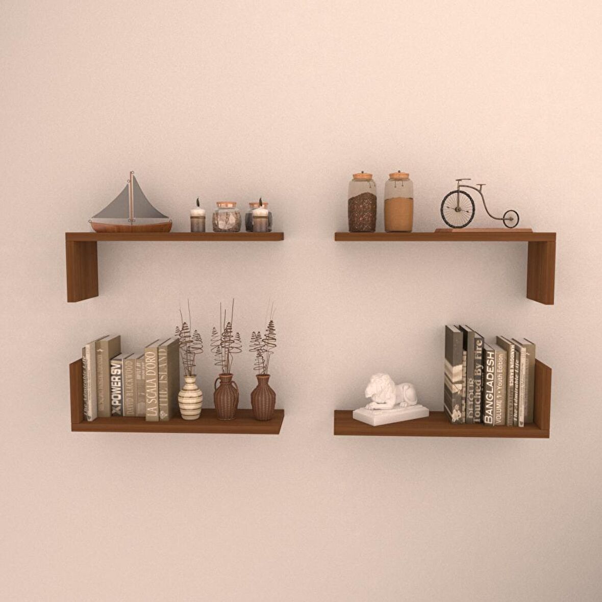 4 LÜ L RAF SET (  45 CM )  HARELİ CEVİZ (MAT)