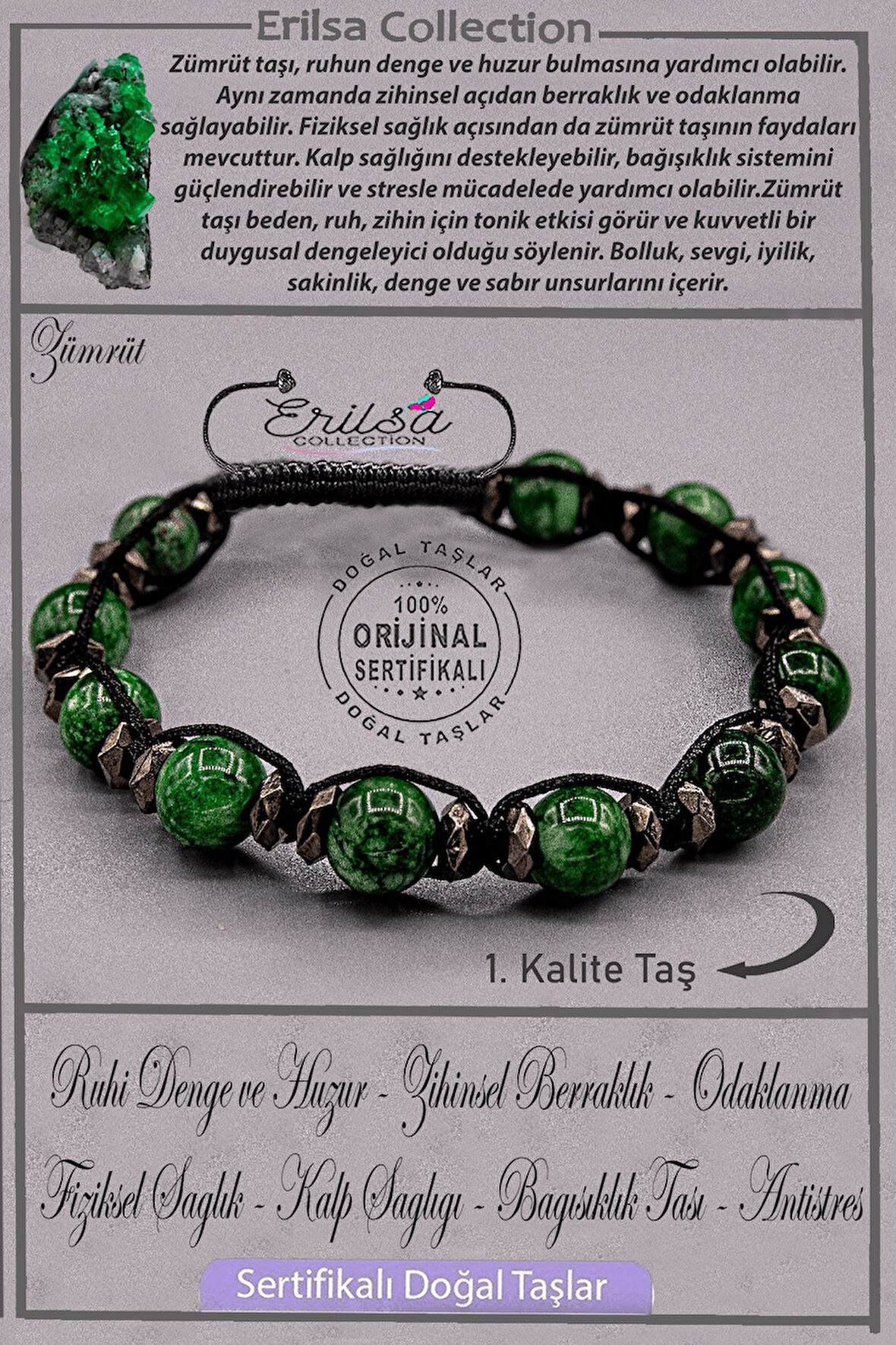 Sertifikalı AAA+ Kalite Gerçek Terahertz - Zümrüt Taşı Bileklik - Ayarlamalı