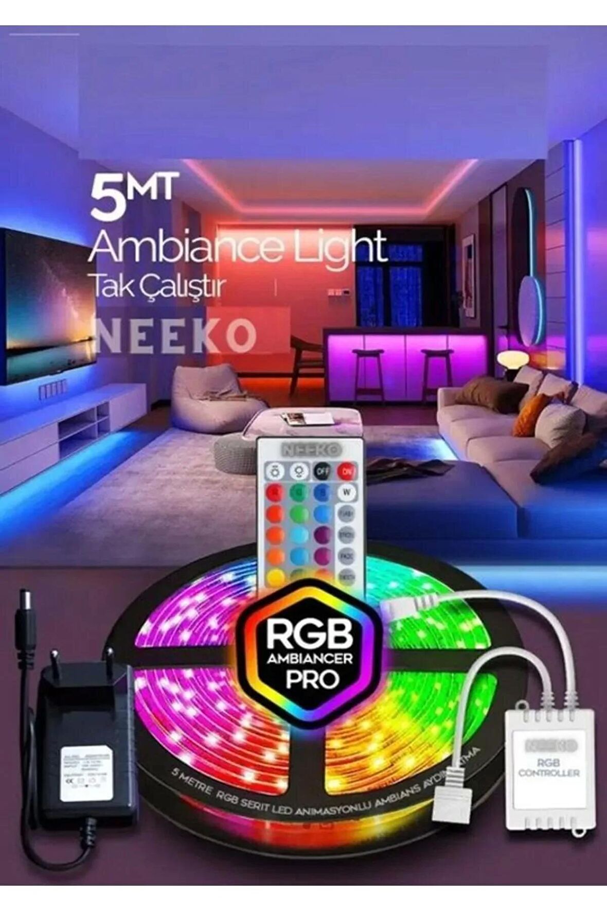 5mt Şerit Animasyonlu Tak Çalıştır Kumandalı Trafolu Rgb Şerit Işık Aydınlatma Parti Led