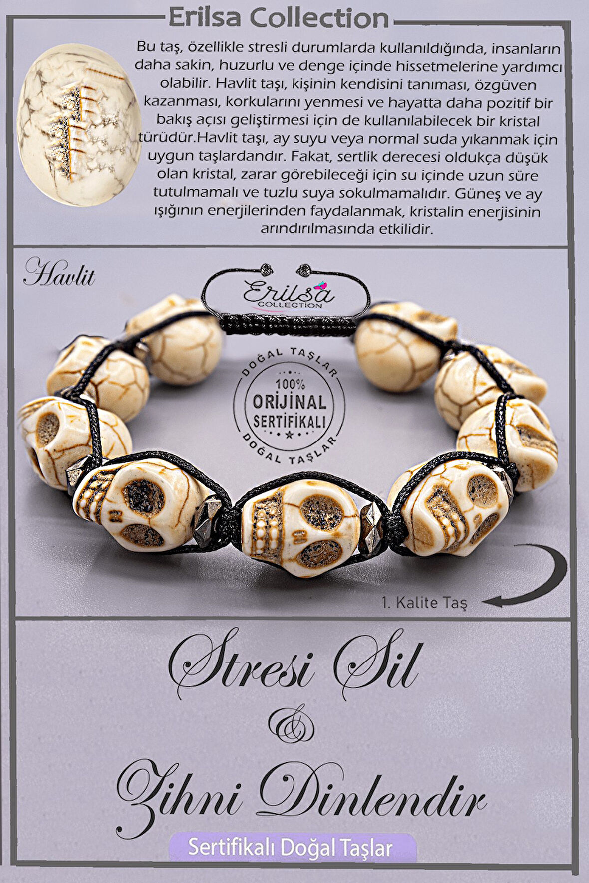 Sertifikalı Kuru Kafa Model AA Kalite Terahertz - Havlit Taşı Bileklik Stresi Sil Zihnini Dinlendir