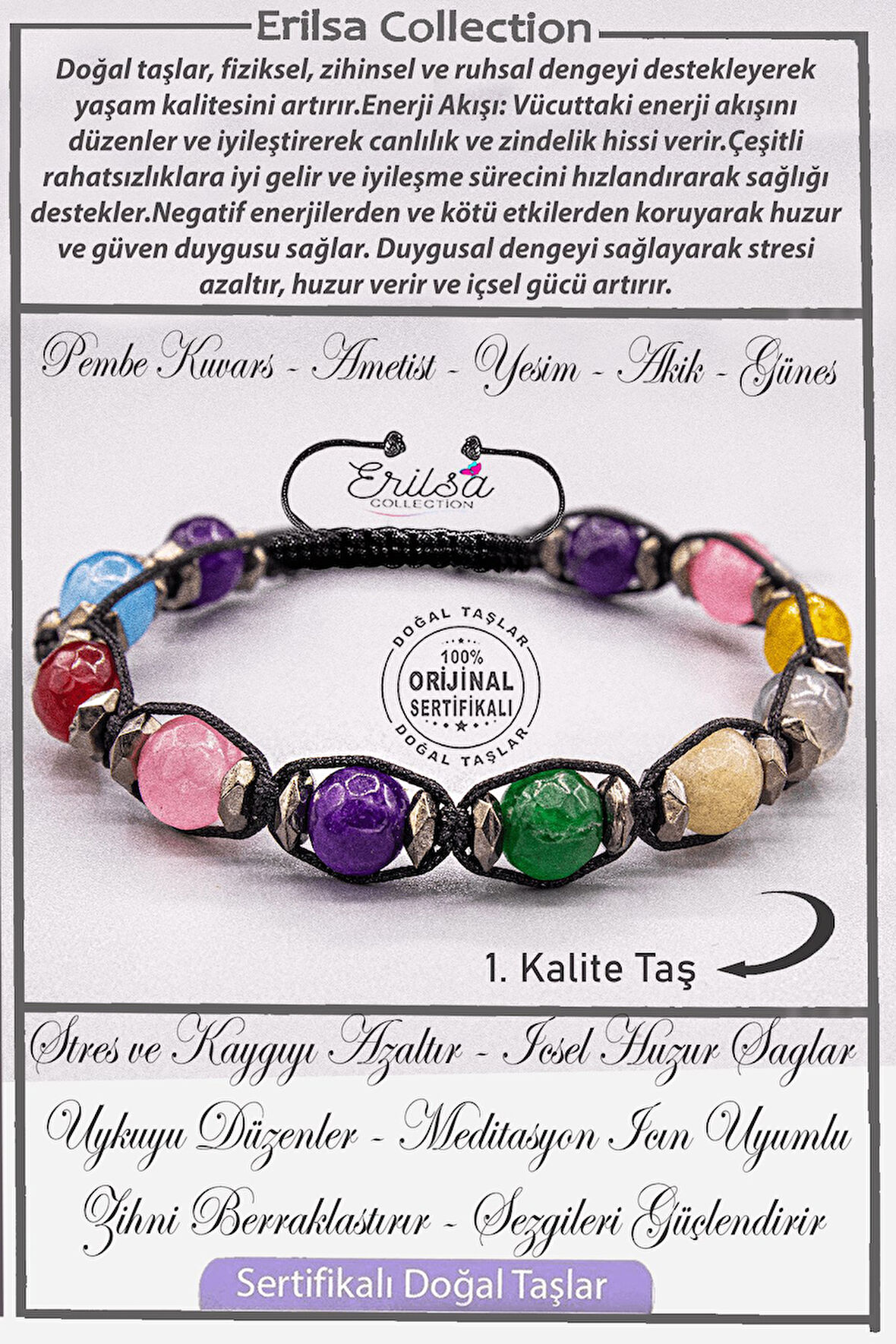 Sertifikalı AAA+ Kalite Fasetli Akuamarin - Ametist - Pembe Kuvars - Akik - Yeşim Taşı Bileklik