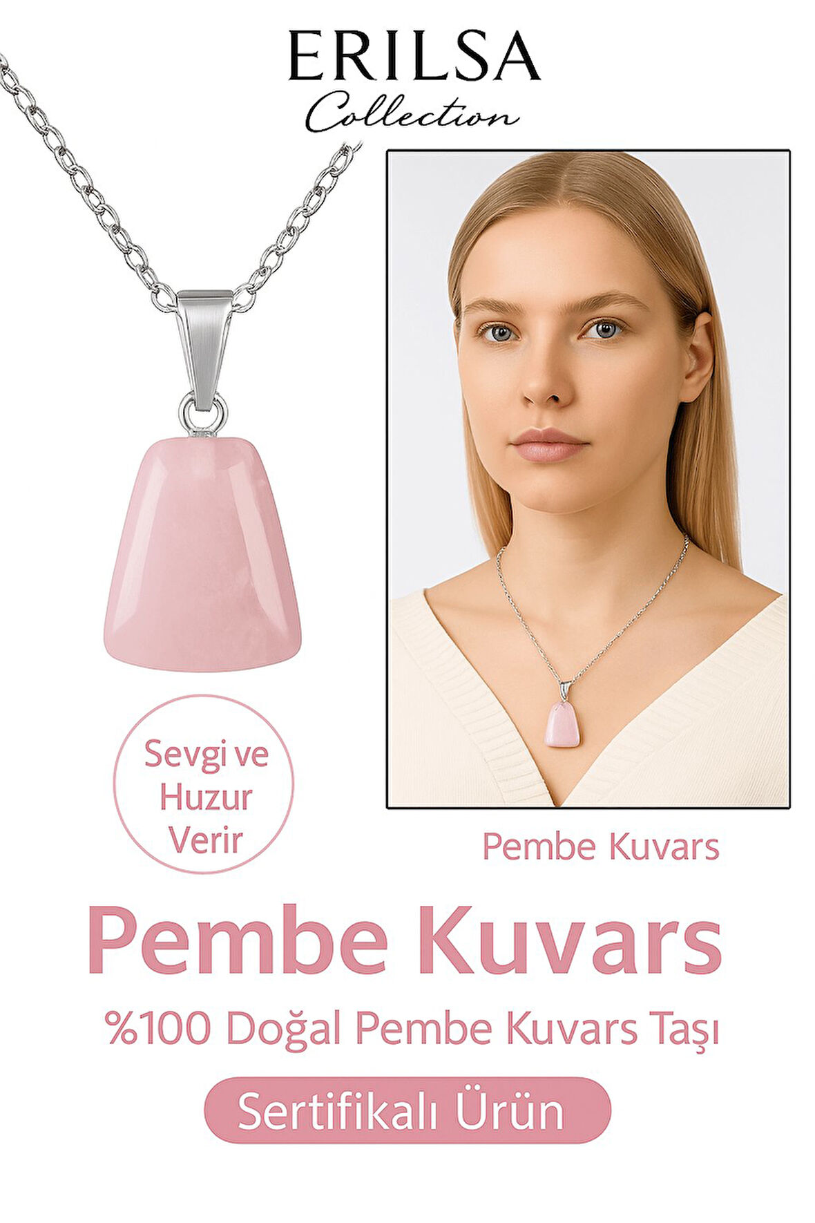 Sertifikalı AAA+ Pembe Kuvars Taşı Kolye – Beşgen Model, Gümüş Aparatlı